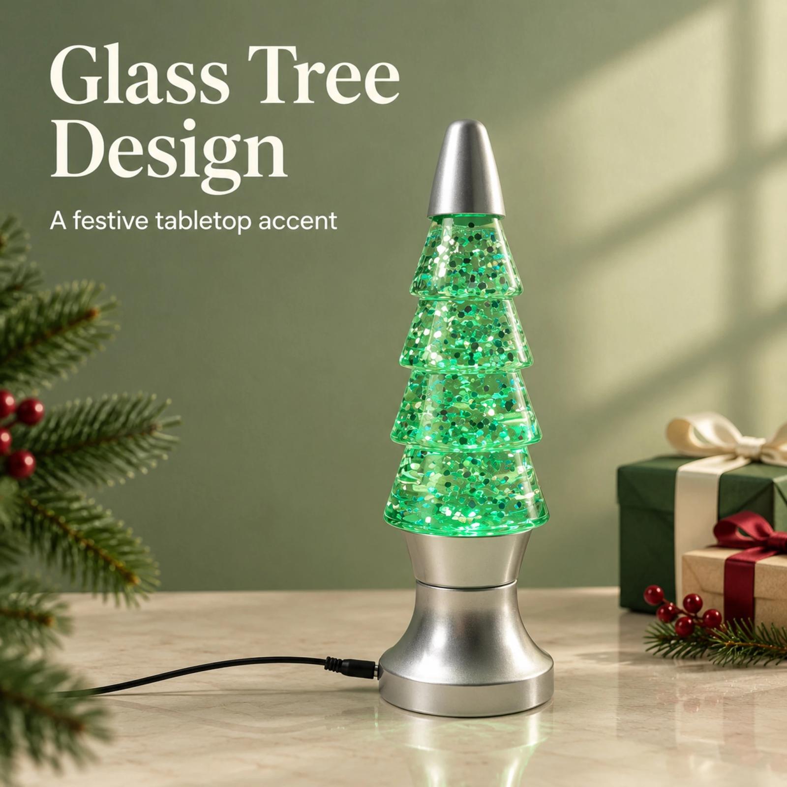MX-3020-G Tree-shaped glass glitter lamp glowing green with a silver-tone base and cap
