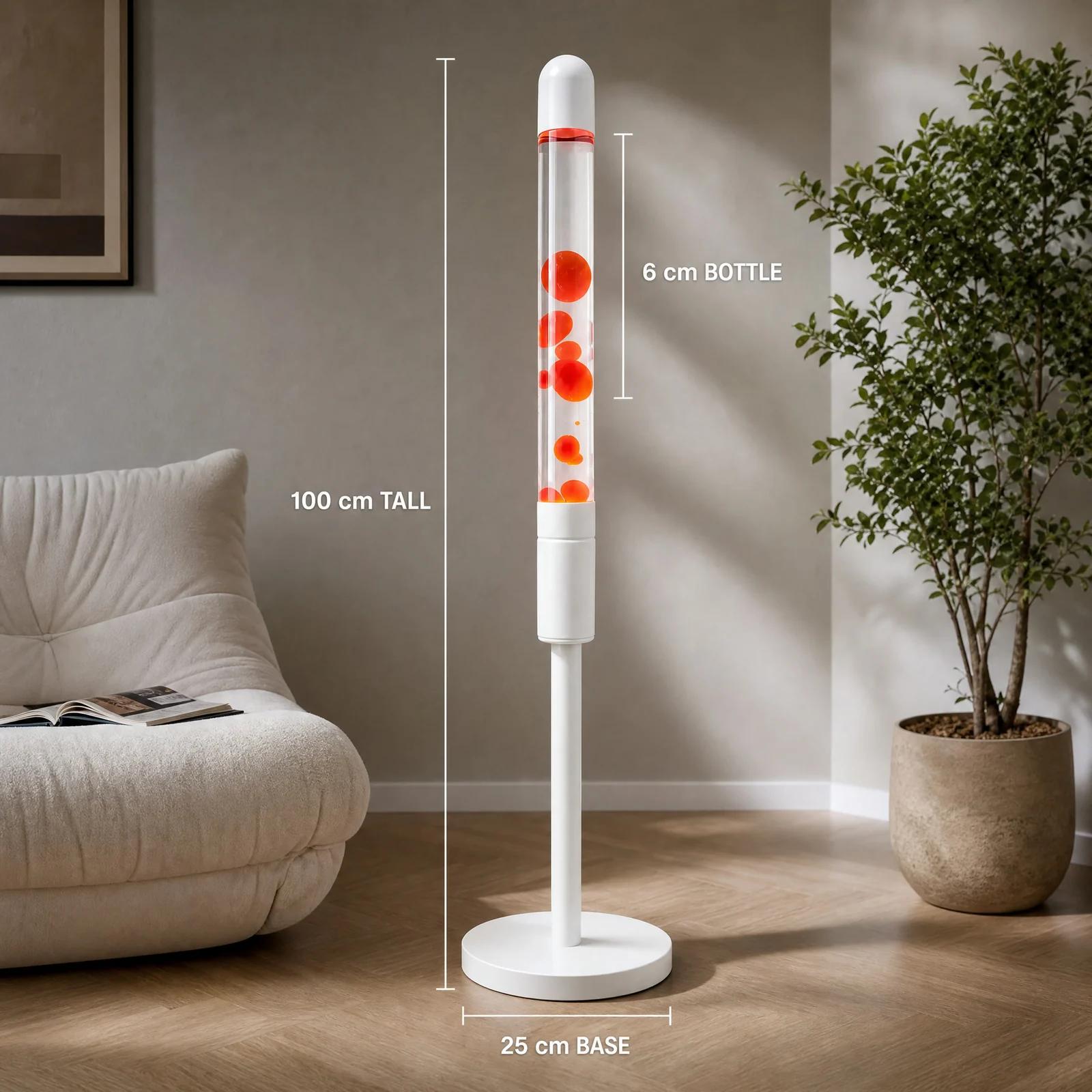 Floor standing lava lamp size guide showing 100 cm height 25 cm base and 6 cm bottle diameter