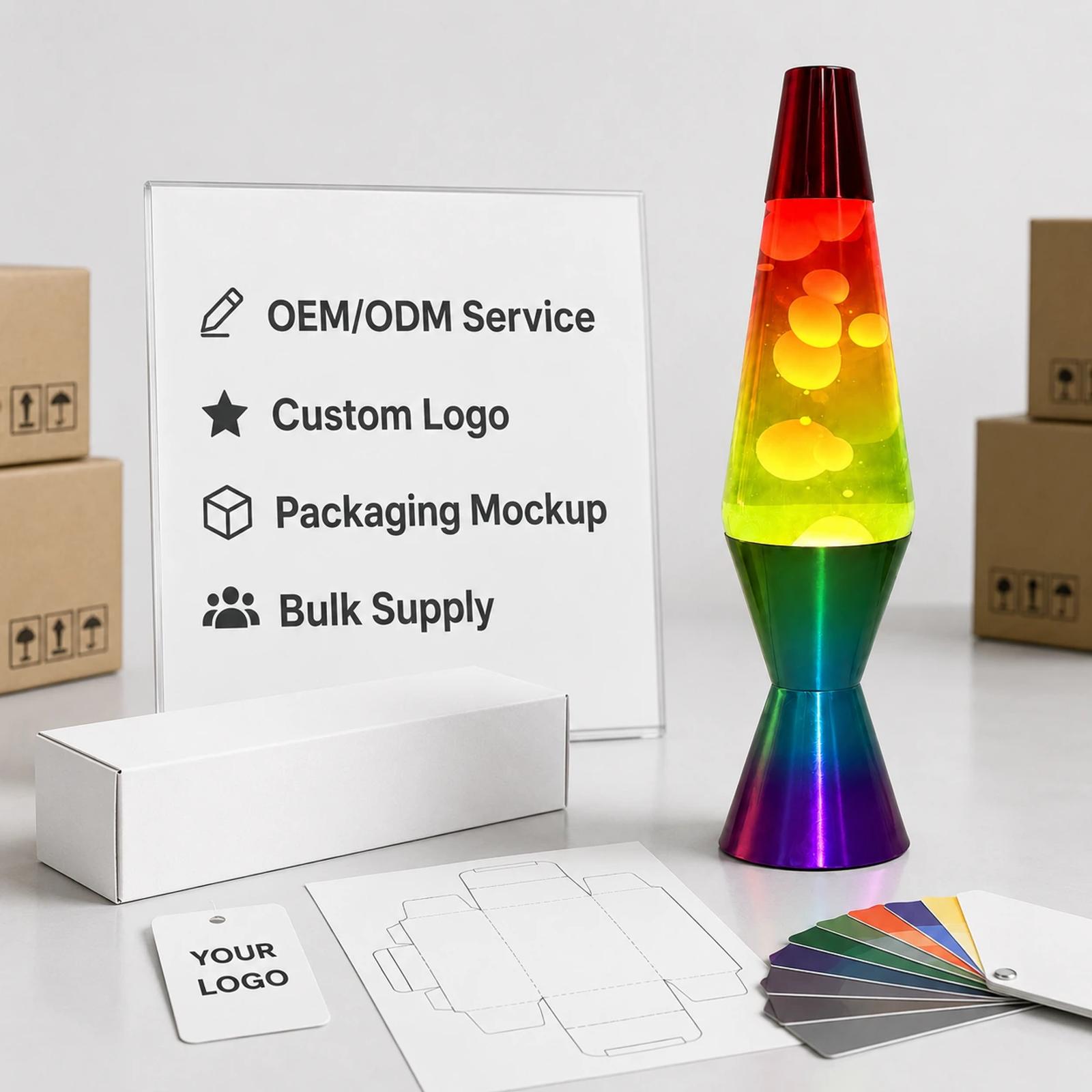 MX-3027R rainbow lava lamp supplier catalog image with OEM ODM service board, custom logo card, blank packaging mockup, swatches and packaging dieline