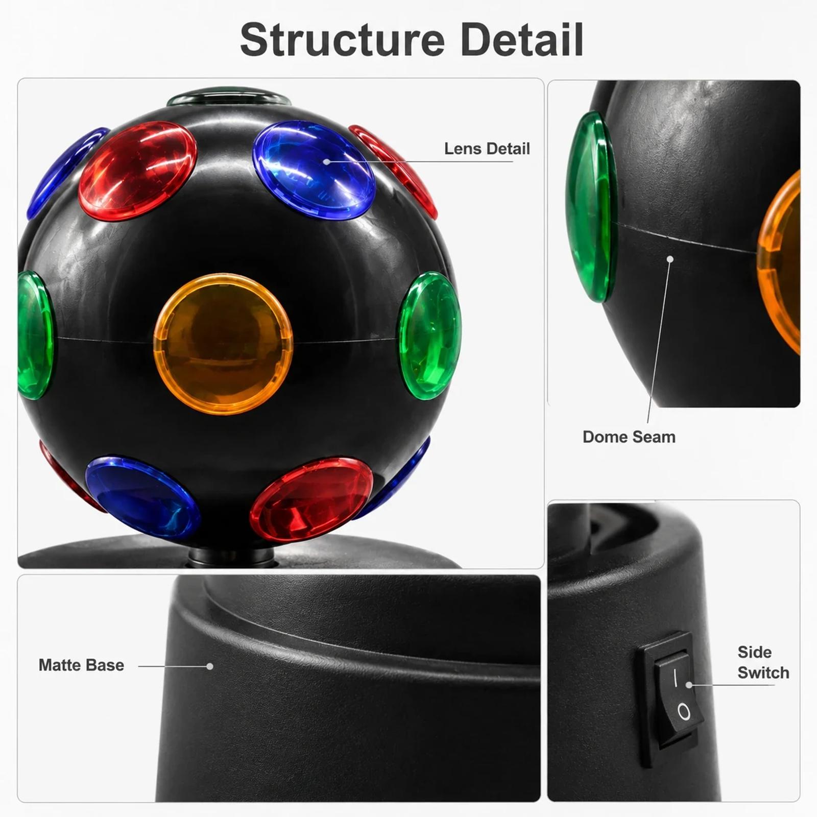 Structure detail image for MX-6016-1 compact party light with black body and colorful lens ball