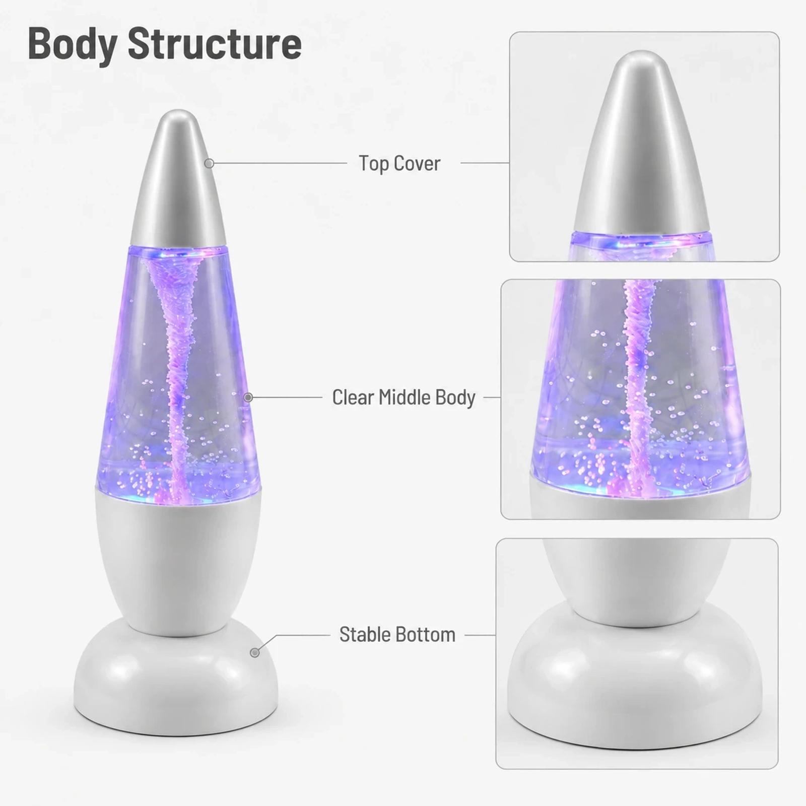MX-3037 LED tornado lamp showing color changing swirl light effect inside the clear body