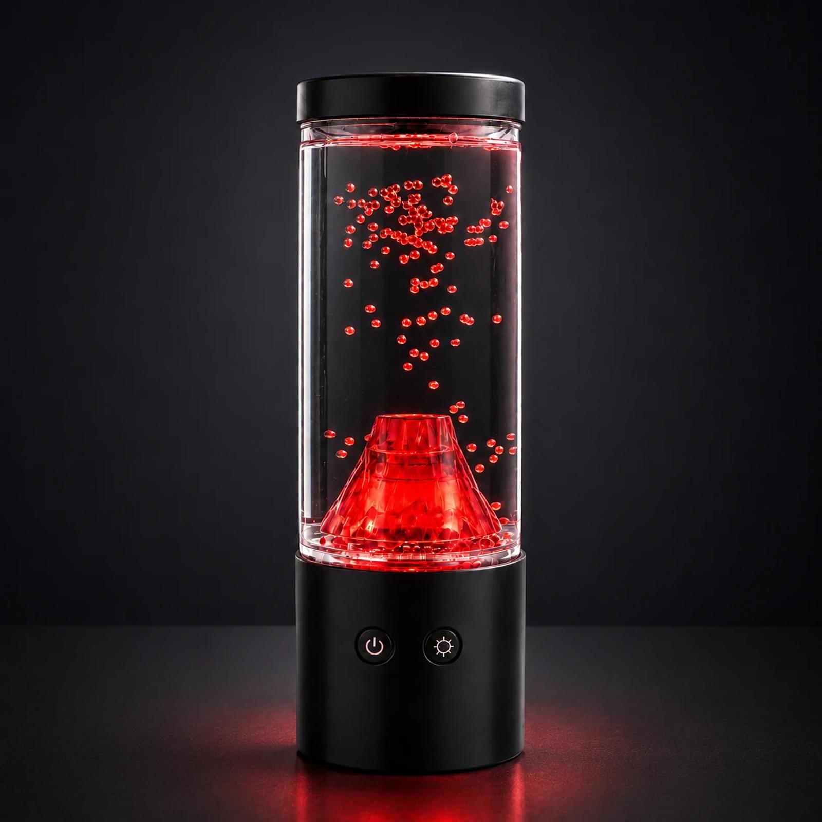 MX-5015V plug-in volcano night light with red glowing beads inside a clear cylindrical tank.