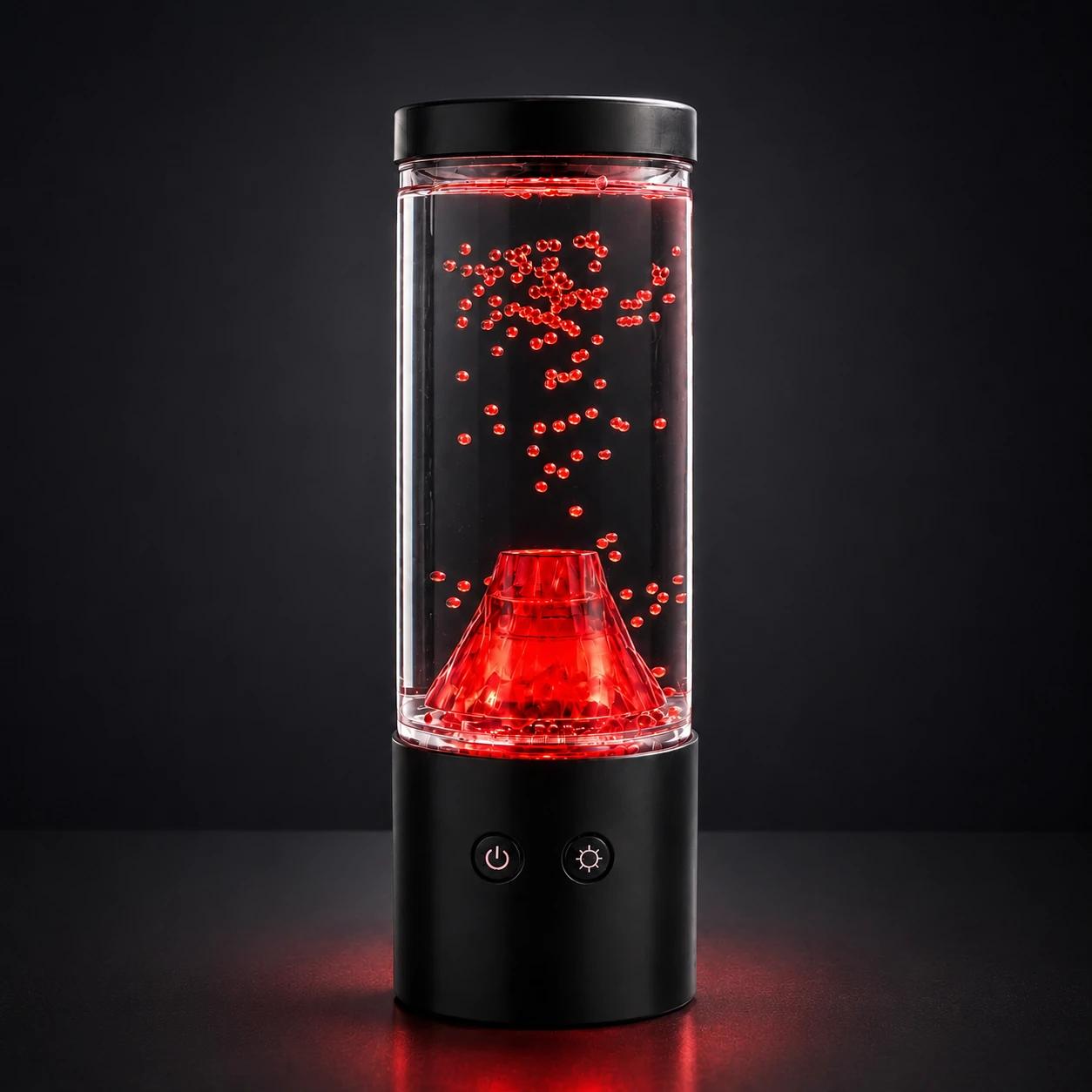 MX-5015V plug-in volcano night light with red glowing beads inside a clear cylindrical tank.