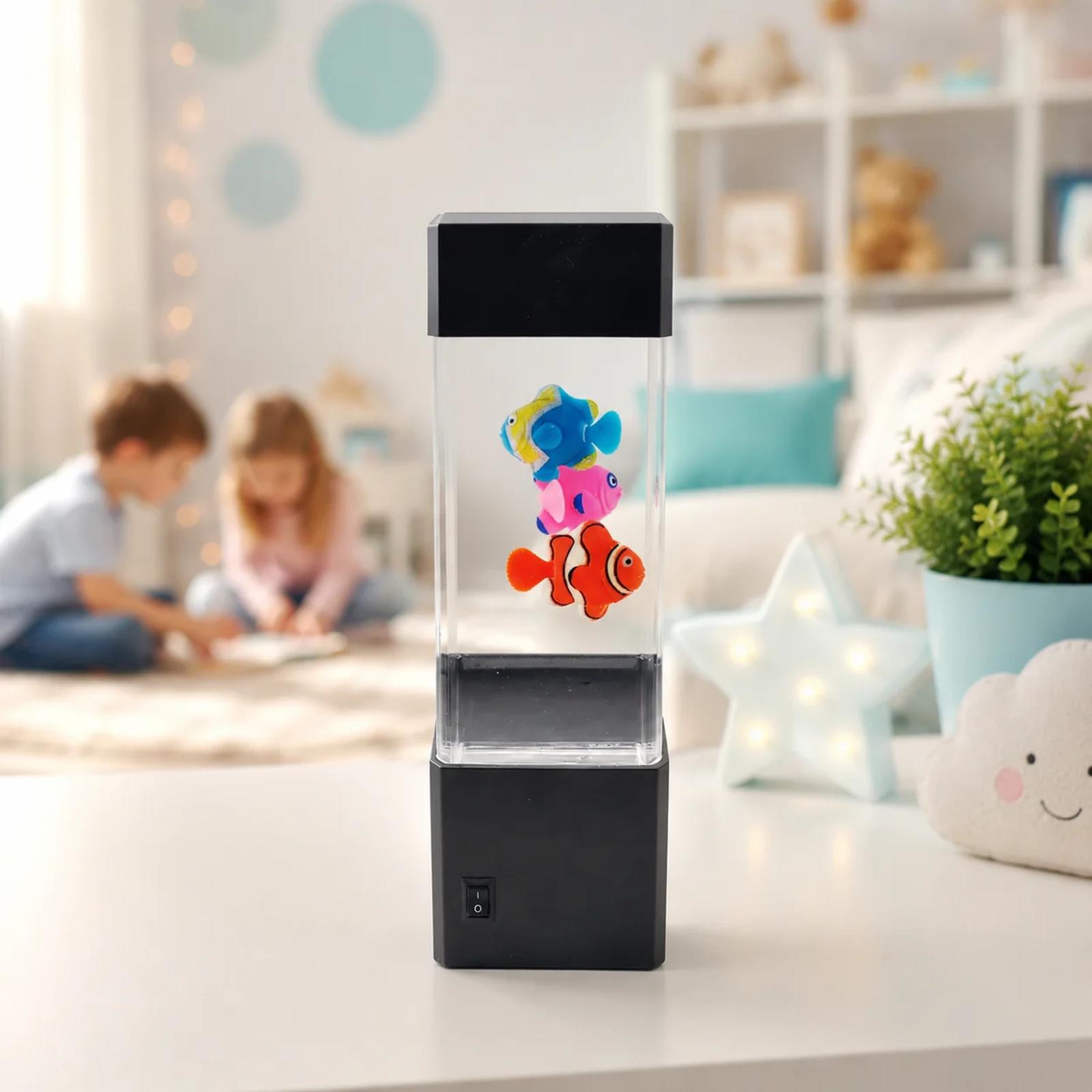 MX-5012 mini aquarium night light displayed in a children room with softly blurred kids playing in the background.