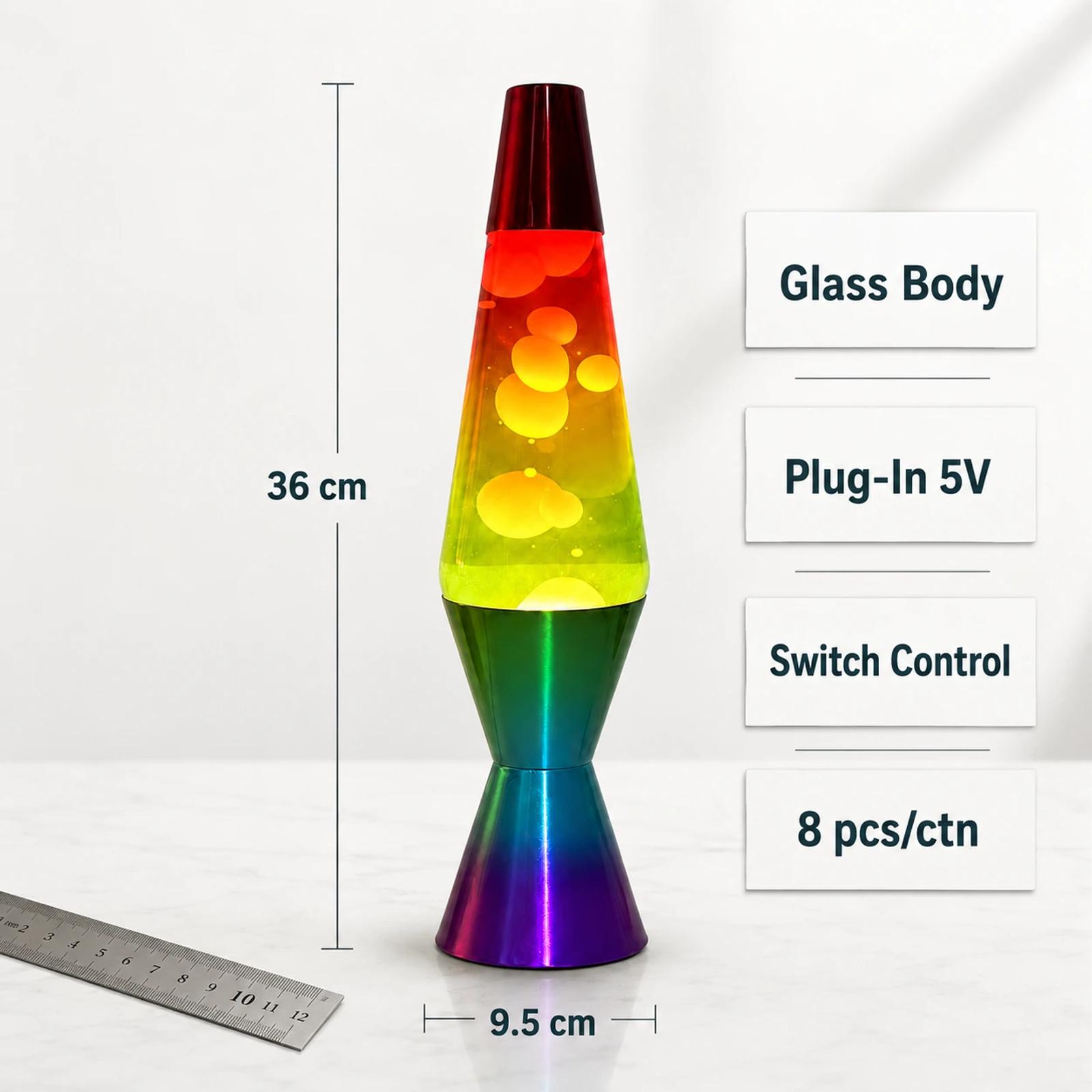 MX-3027R rainbow glass lava lamp specification image showing 36 cm height, 9.5 cm width, glass body, plug-in 5V, switch control and 8 pcs per carton