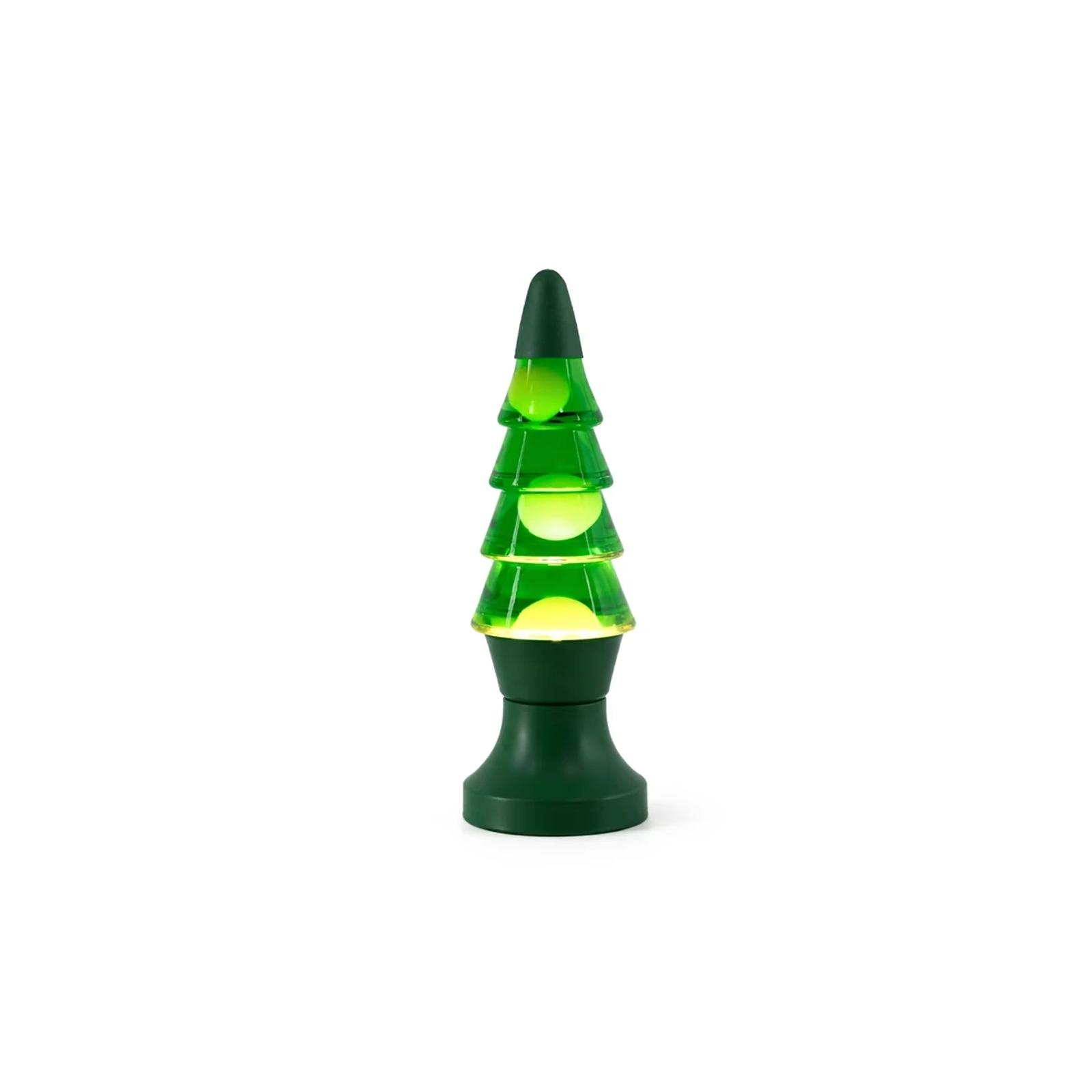 Front product view of the MX-3020 Christmas tree shaped lava lamp with green transparent body and dark green base.