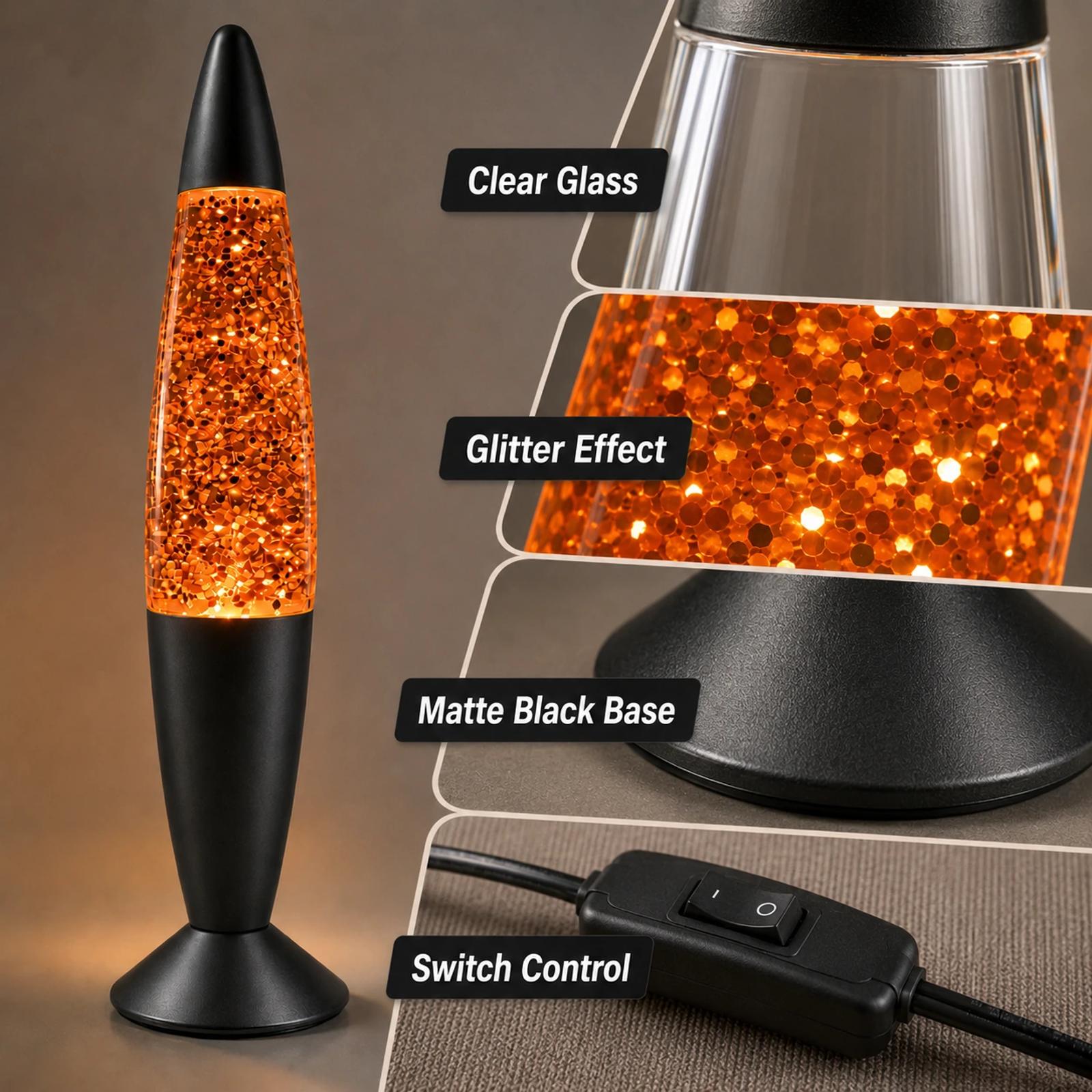 Detail image of MX-3013 glitter night light showing clear glass, orange glitter effect, matte black base, and switch-control design.