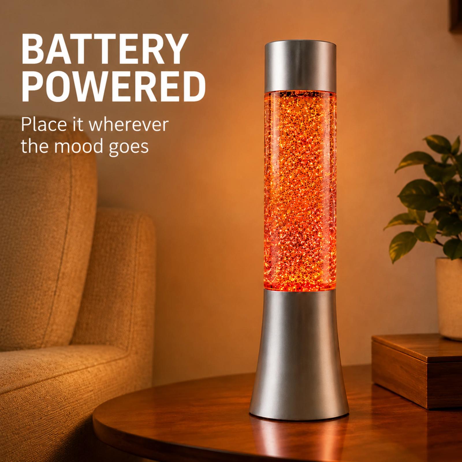 MX-3126C battery-powered glitter lamp in a warm living-room setting