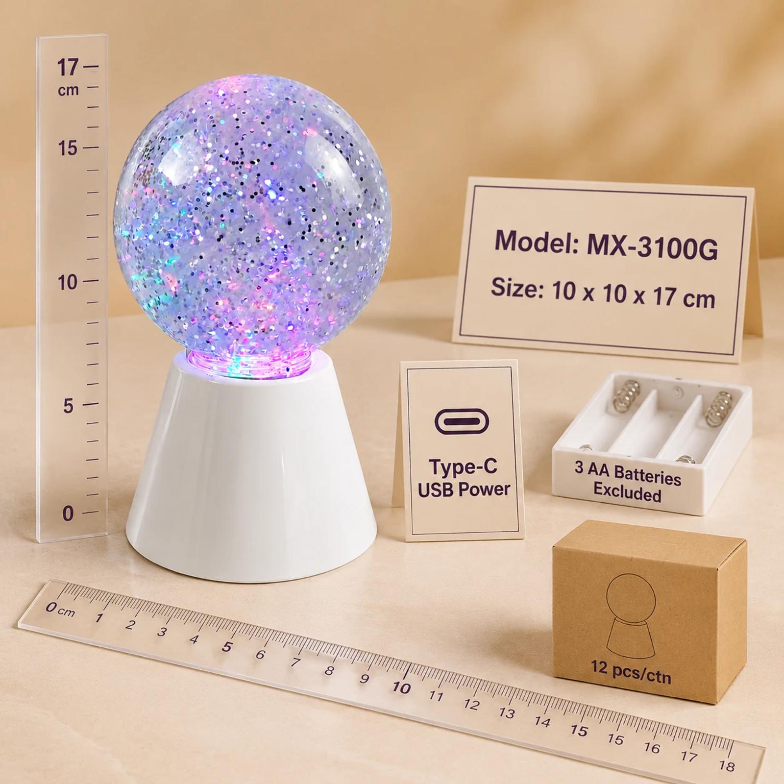 MX-3100G glitter ball lamp specification image showing 10 by 10 by 17 cm size, Type-C power and 3 AA batteries excluded