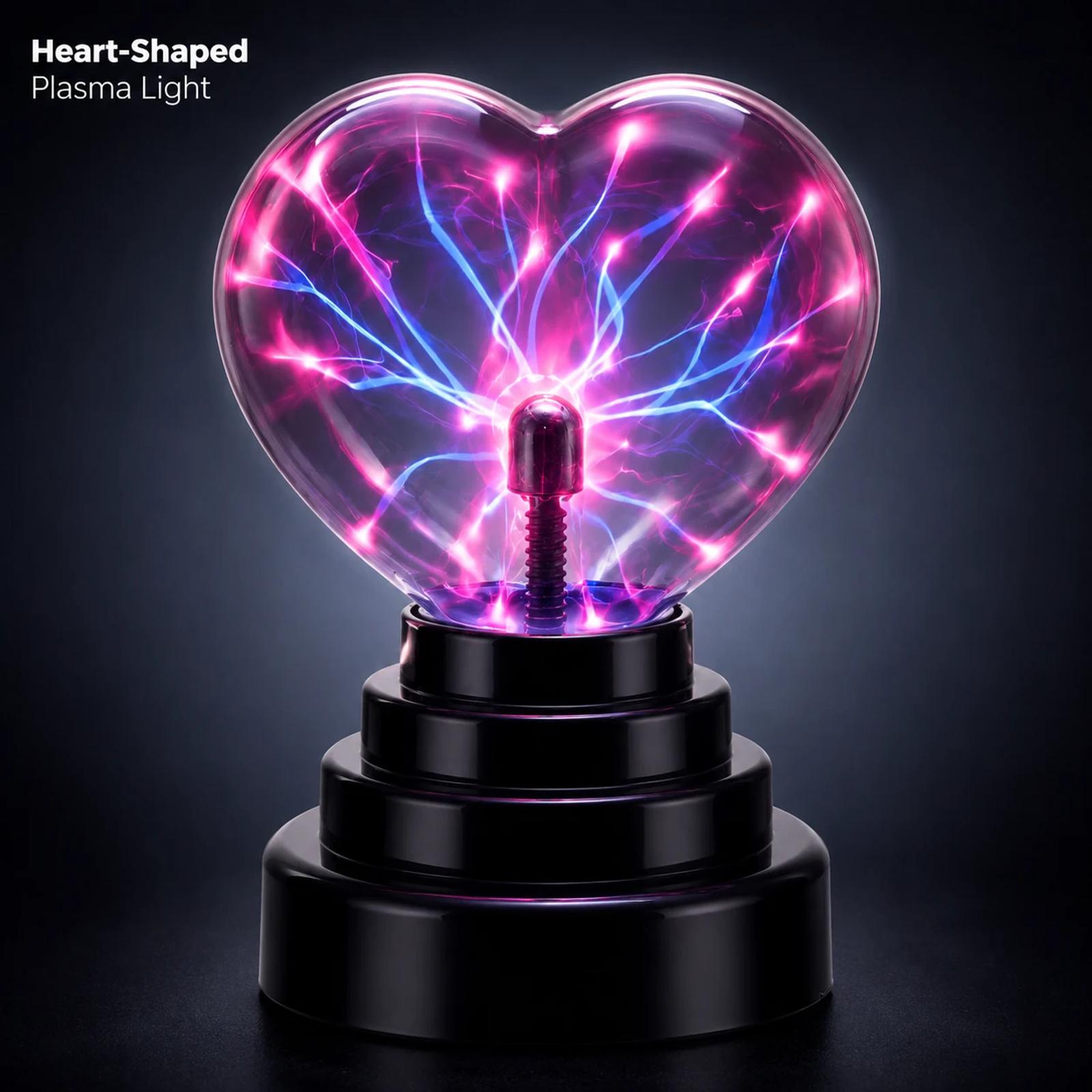 MX-7032 heart shaped plasma ball lamp with bright pink and blue electric plasma arcs on a black base