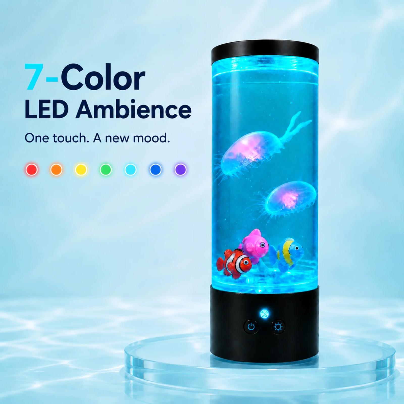 MX-5014F aquarium mood lamp showing seven color-changing LED light states