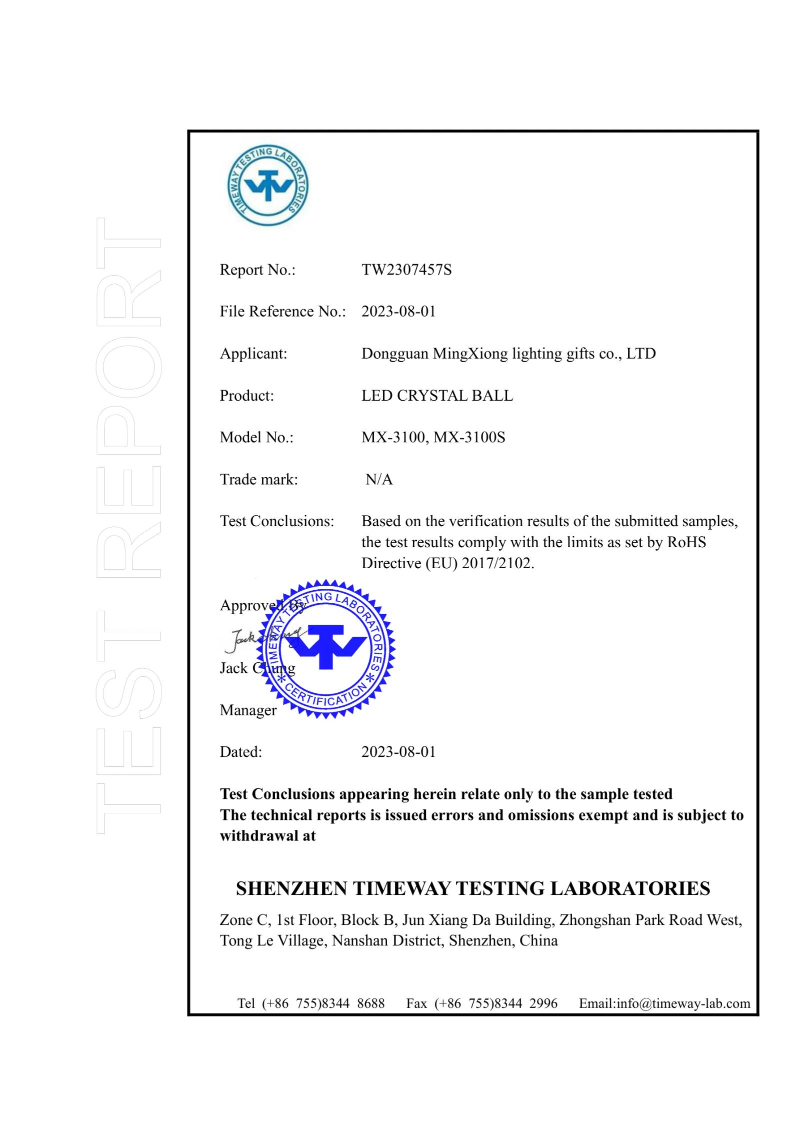 MX-3100S Water Ball Lamp RoHS certificate preview