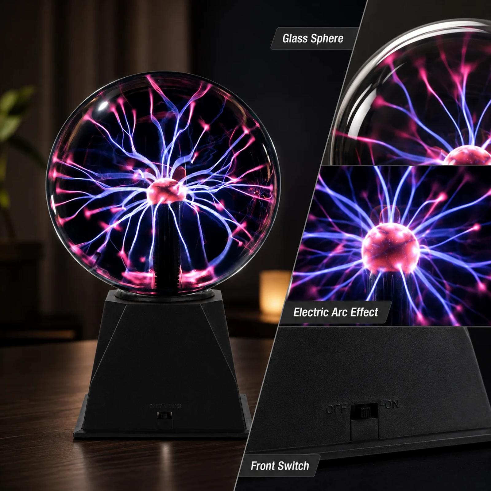 Detail image of MX-7012 plasma ball night light showing transparent glass sphere, electric arc effect, black base and front switch.