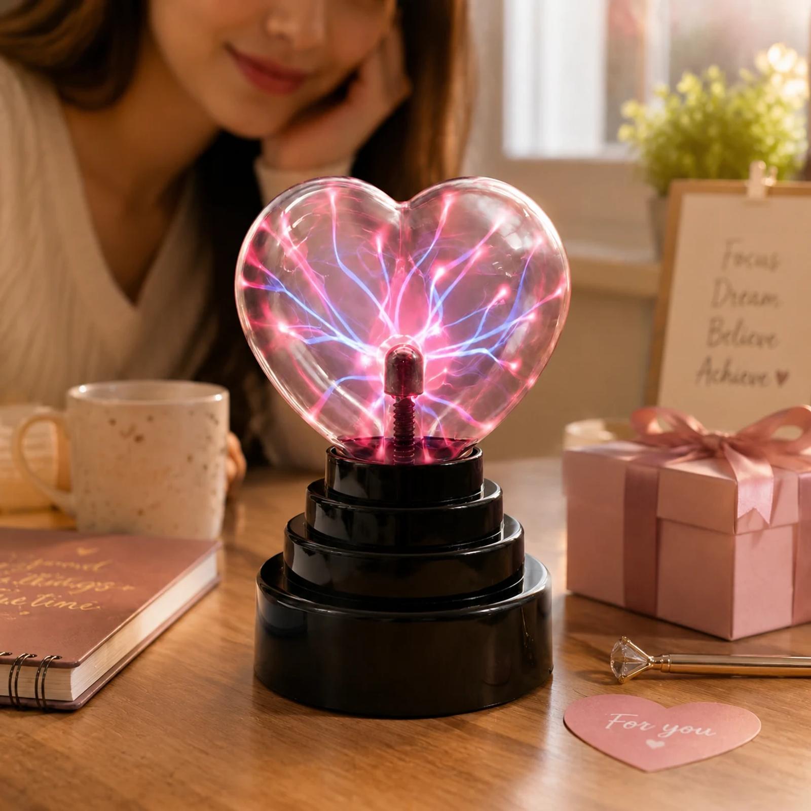 MX-7032 heart shaped plasma night light displayed on a desk for gift and home decor use