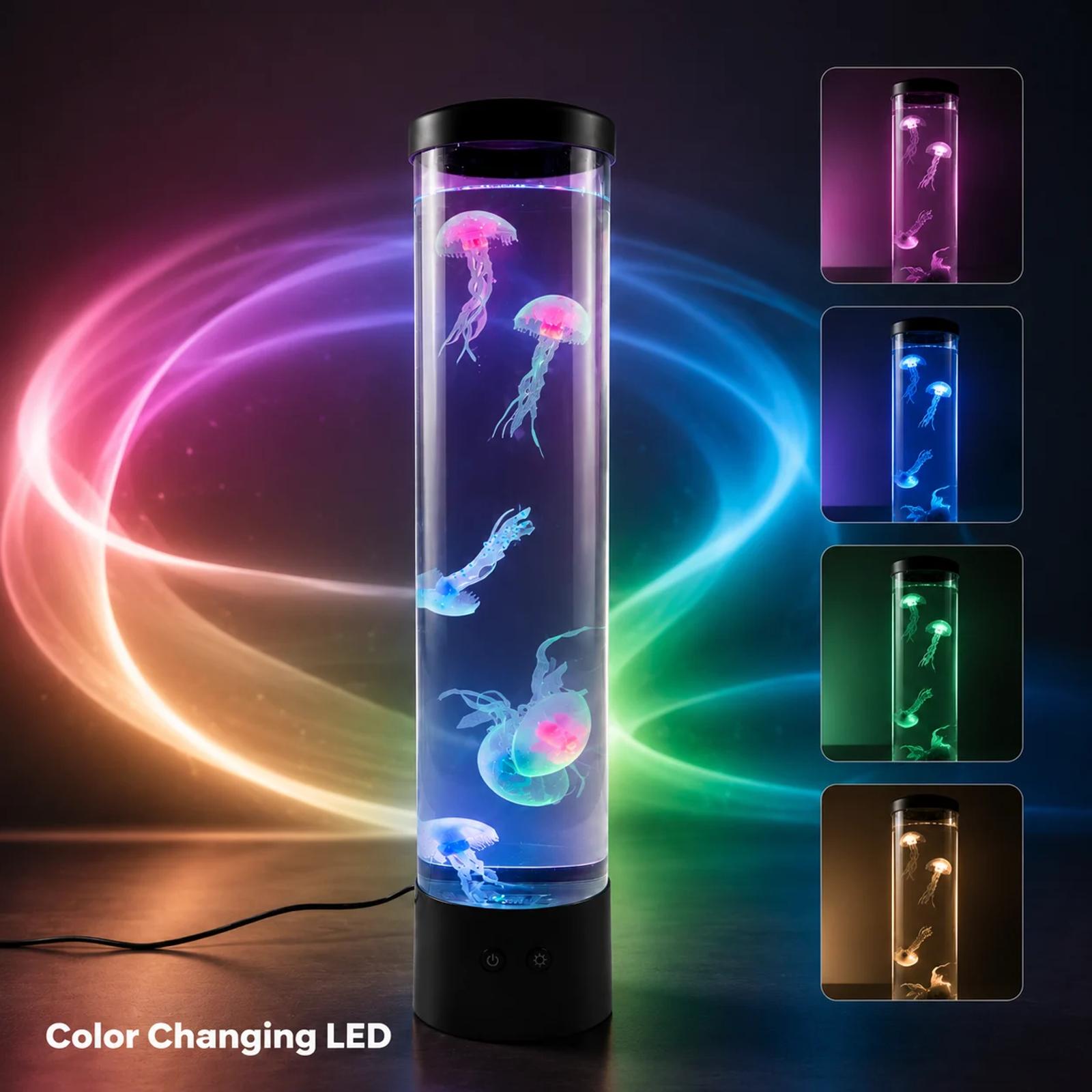 MX-5013B USB jellyfish lamp showing pink, blue, green, and warm color changing LED light effects.