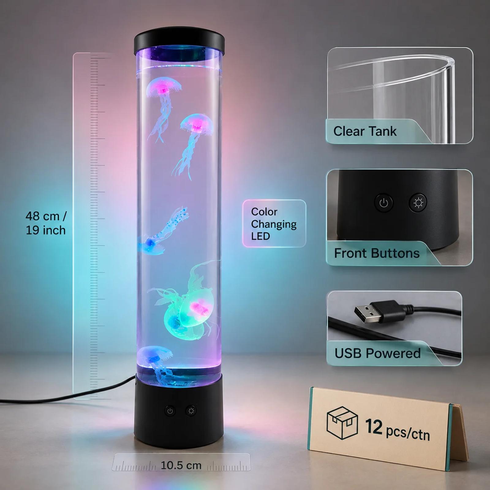 MX-5013B jellyfish lamp feature detail image showing clear tank, front buttons, USB power, and carton quantity.