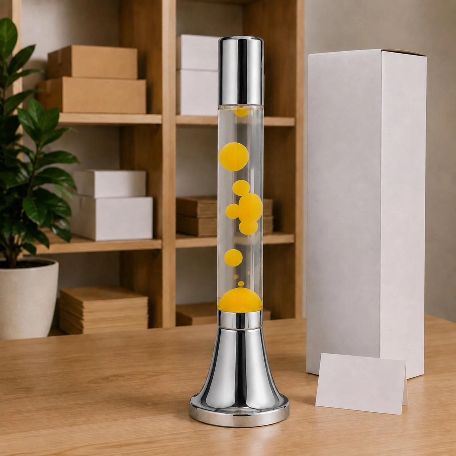 55 cm electroplated lava lamp displayed with blank color boxes for custom logo packaging and plug discussions
