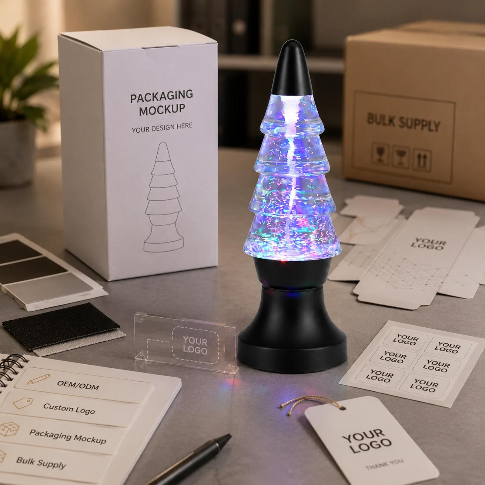 B2B sample review scene for MX-3020T Christmas tree vortex lamp with custom logo and packaging mockups