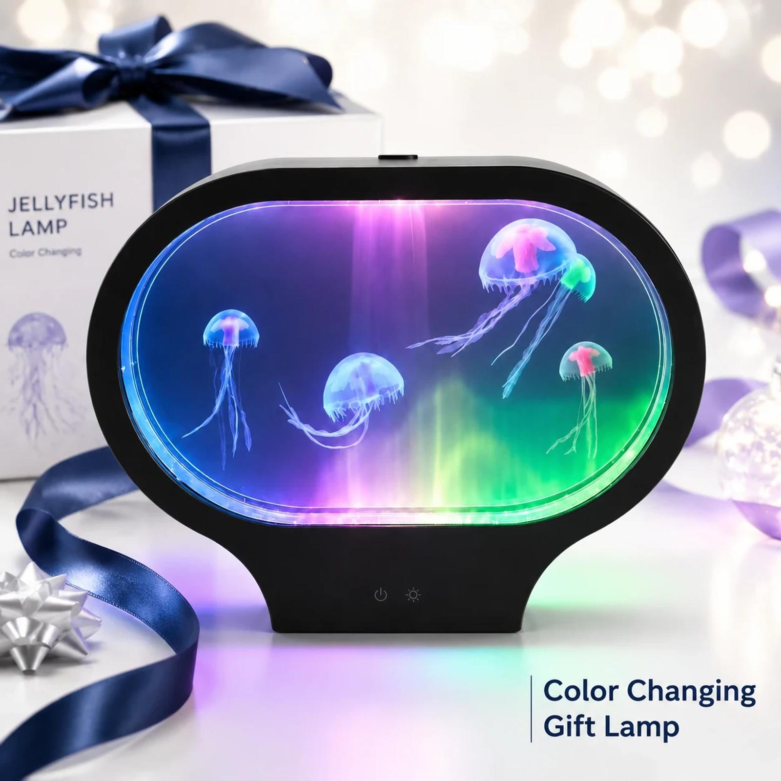 Color changing MX-5013O oval jellyfish night light glowing on a gift display scene.