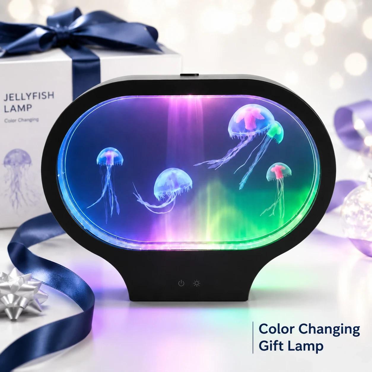 Color changing MX-5013O oval jellyfish night light glowing on a gift display scene.