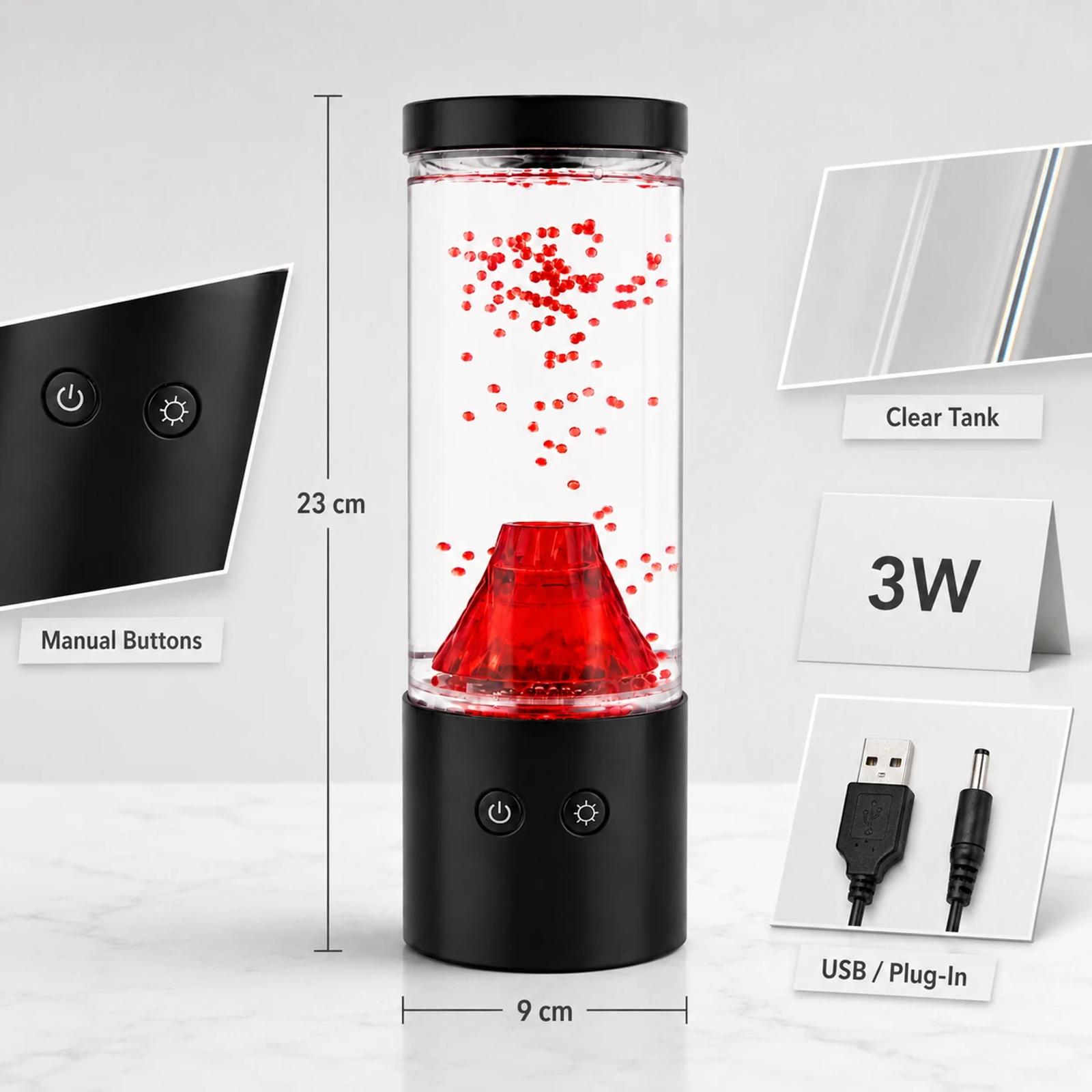 Specification image for MX-5015V showing 9 x 23 cm size, 3W power, USB plug-in use, clear tank, and manual buttons.