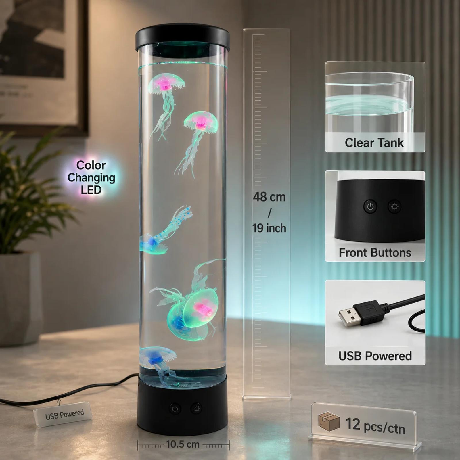 MX-5013B jellyfish lamp detail image showing 19 inch height, USB power, front buttons, clear tank, and carton quantity.