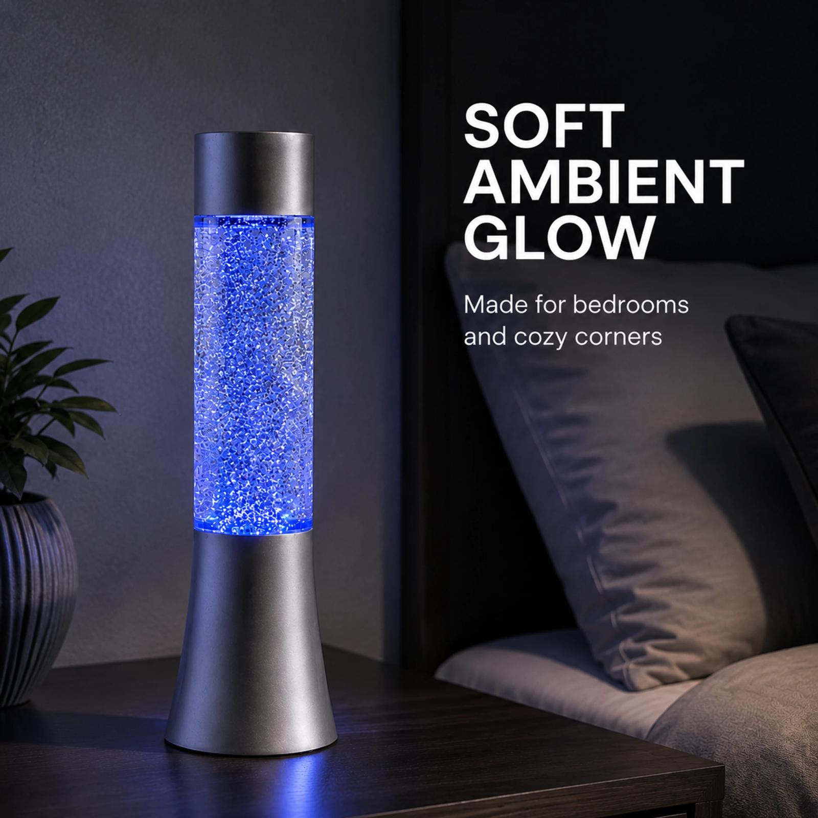 MX-3126C blue LED glitter lamp on a bedroom side table