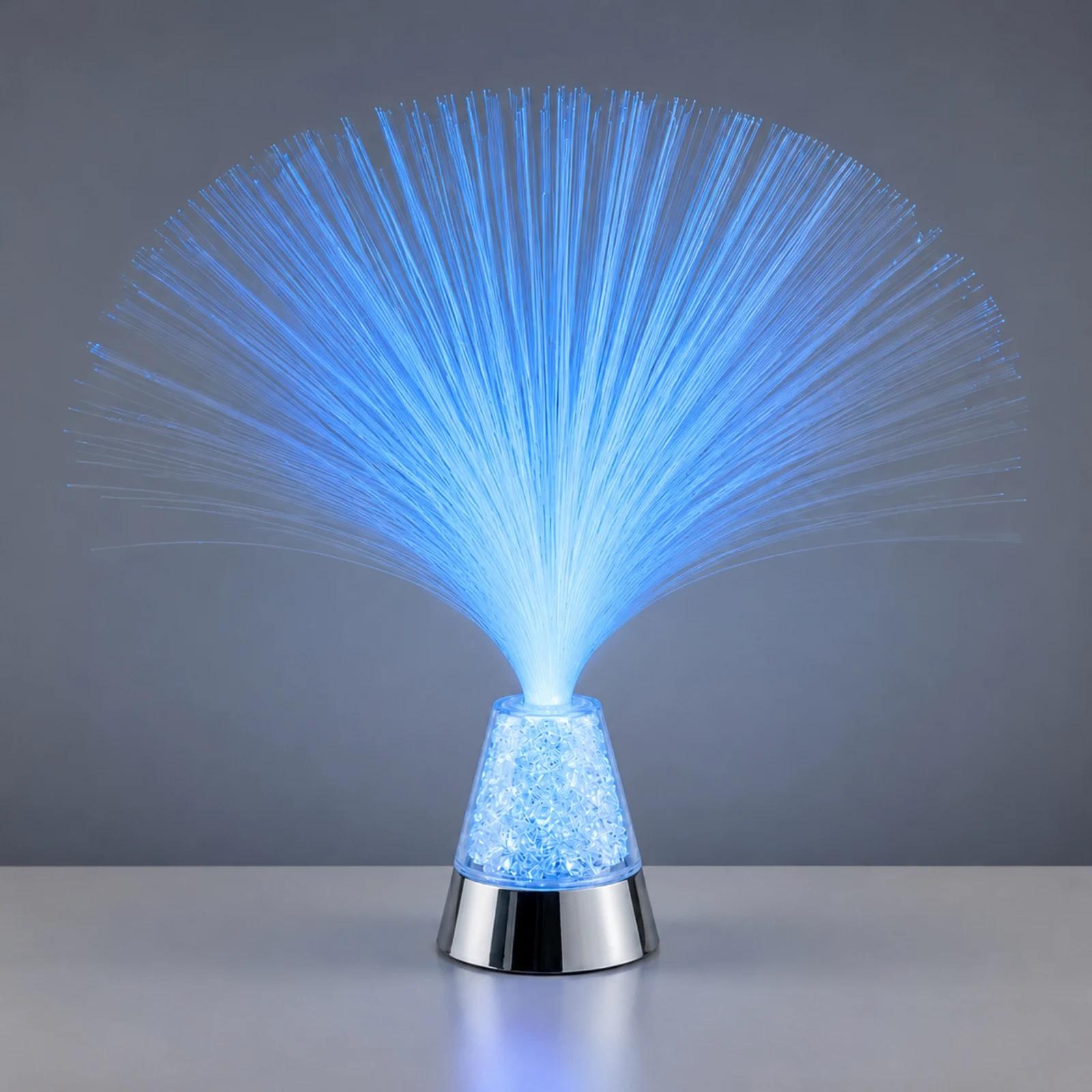 Front view of the MX-1020 fan-shaped fiber optic table lamp glowing blue