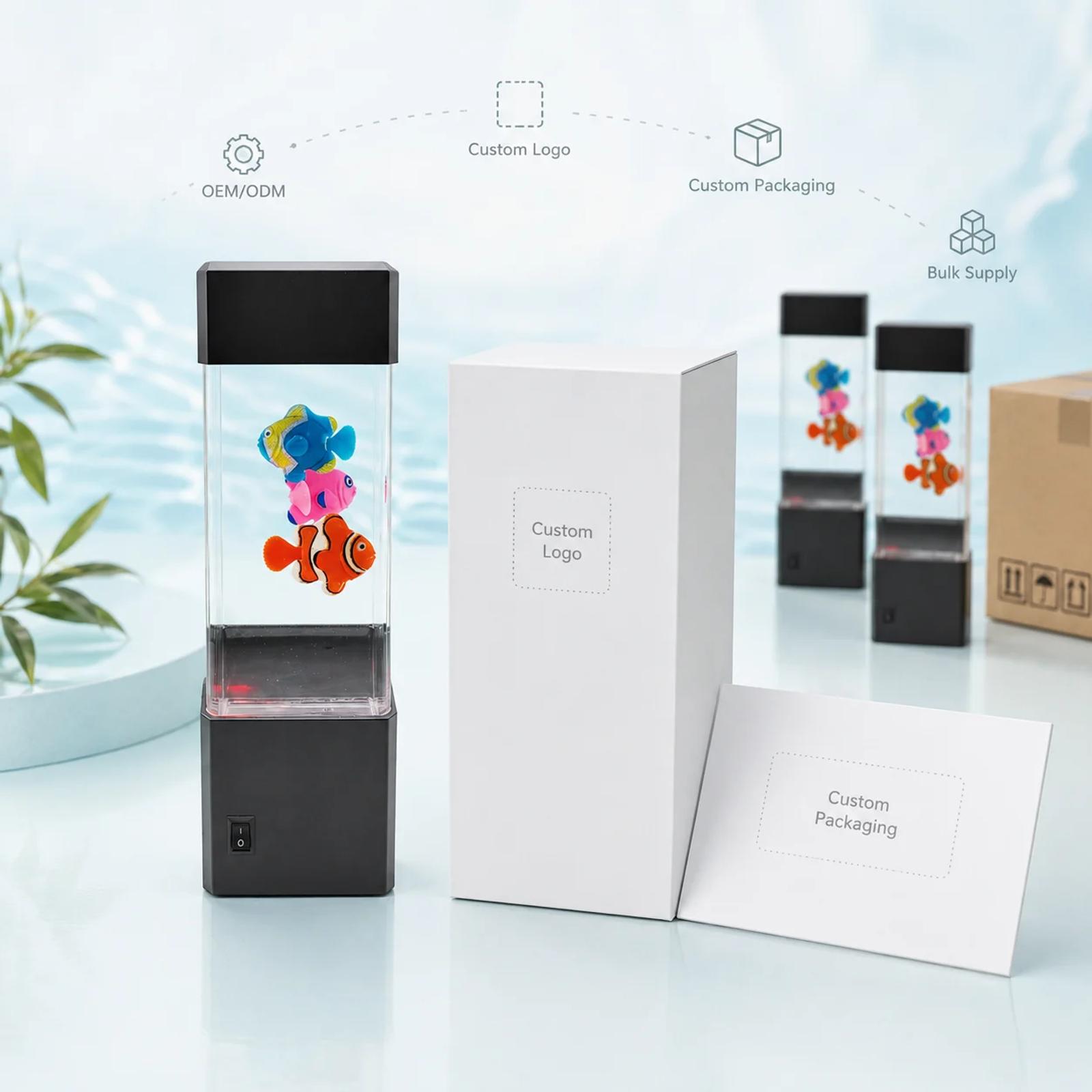 MX-5012 wholesale mini aquarium night light with blank custom packaging mockups, bulk supply units and carton boxes.