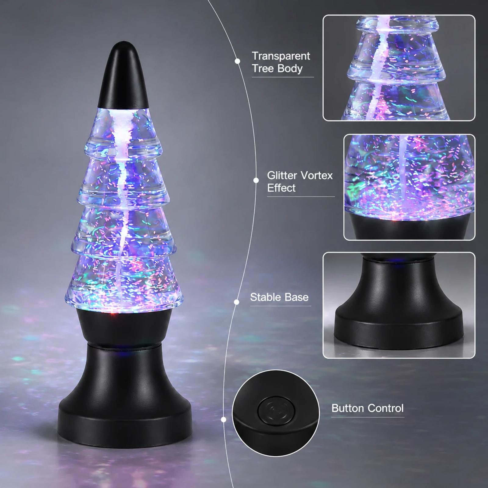 Detail view of transparent Christmas tree lamp body with glitter vortex effect and stable black base