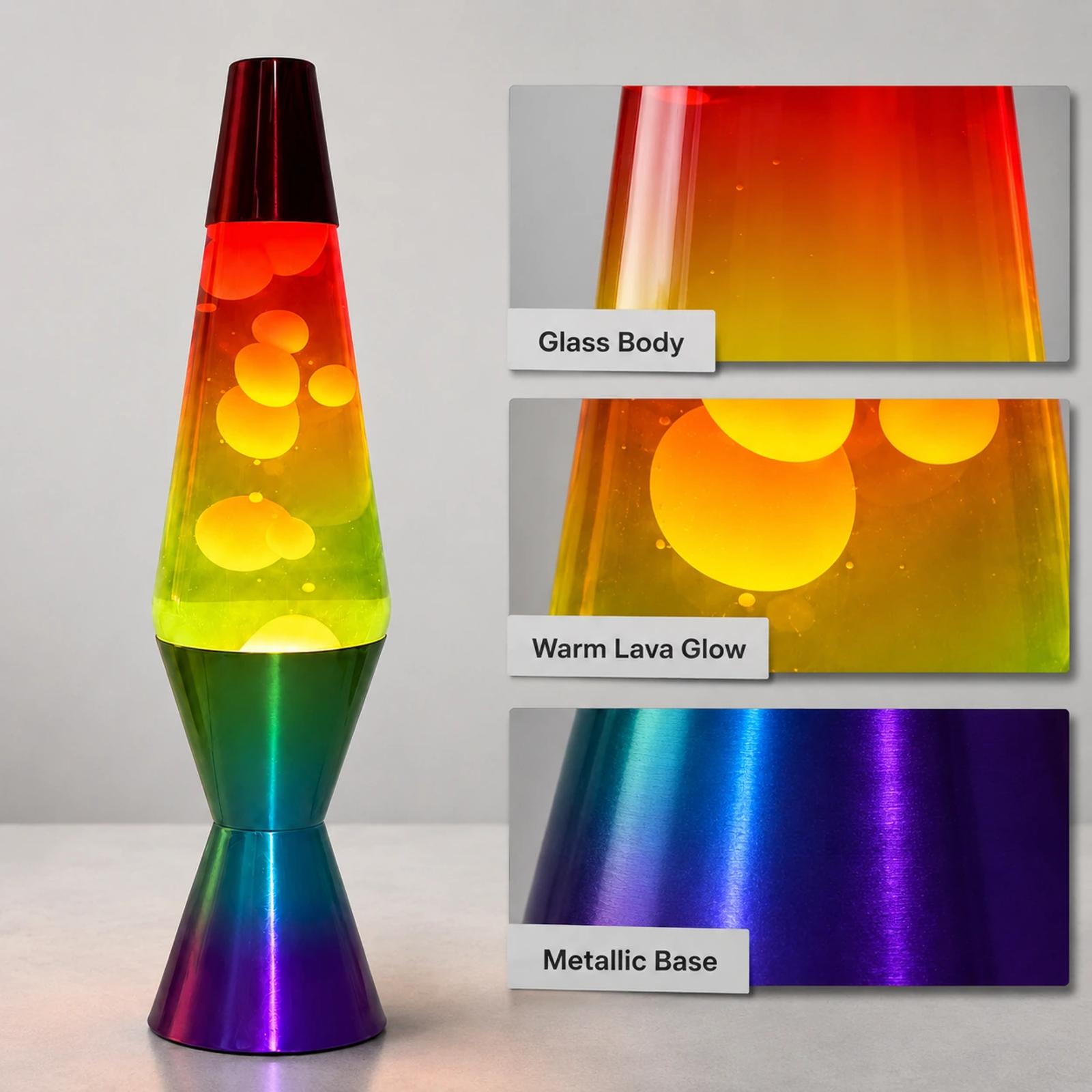 MX-3027R glass lava lamp detail image showing glass body, warm lava glow and metallic blue purple base close-up panels