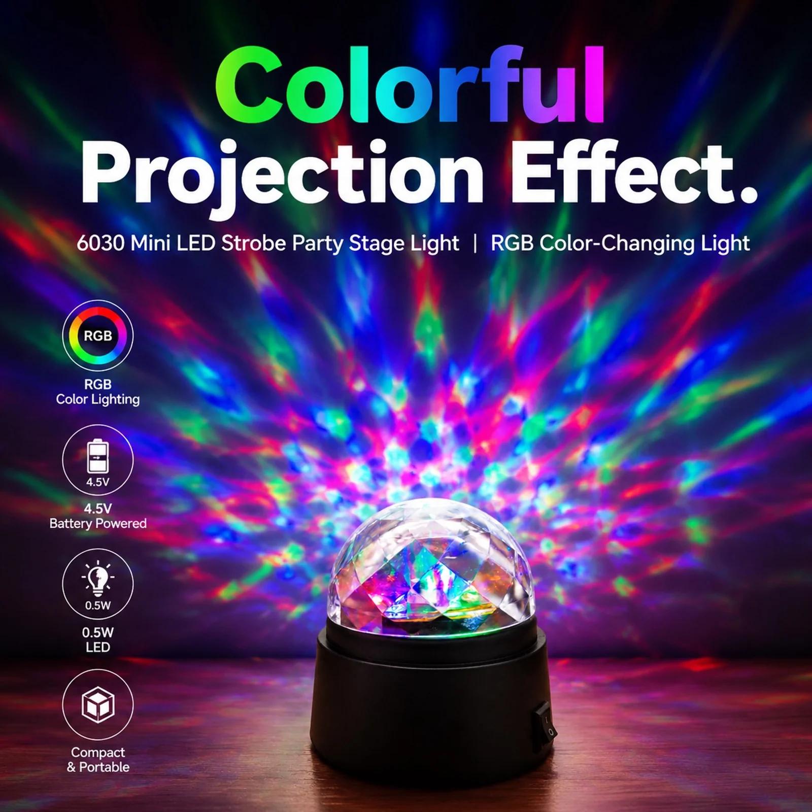 MX-6020 mini party light showing colorful RGB projection effect on the wall