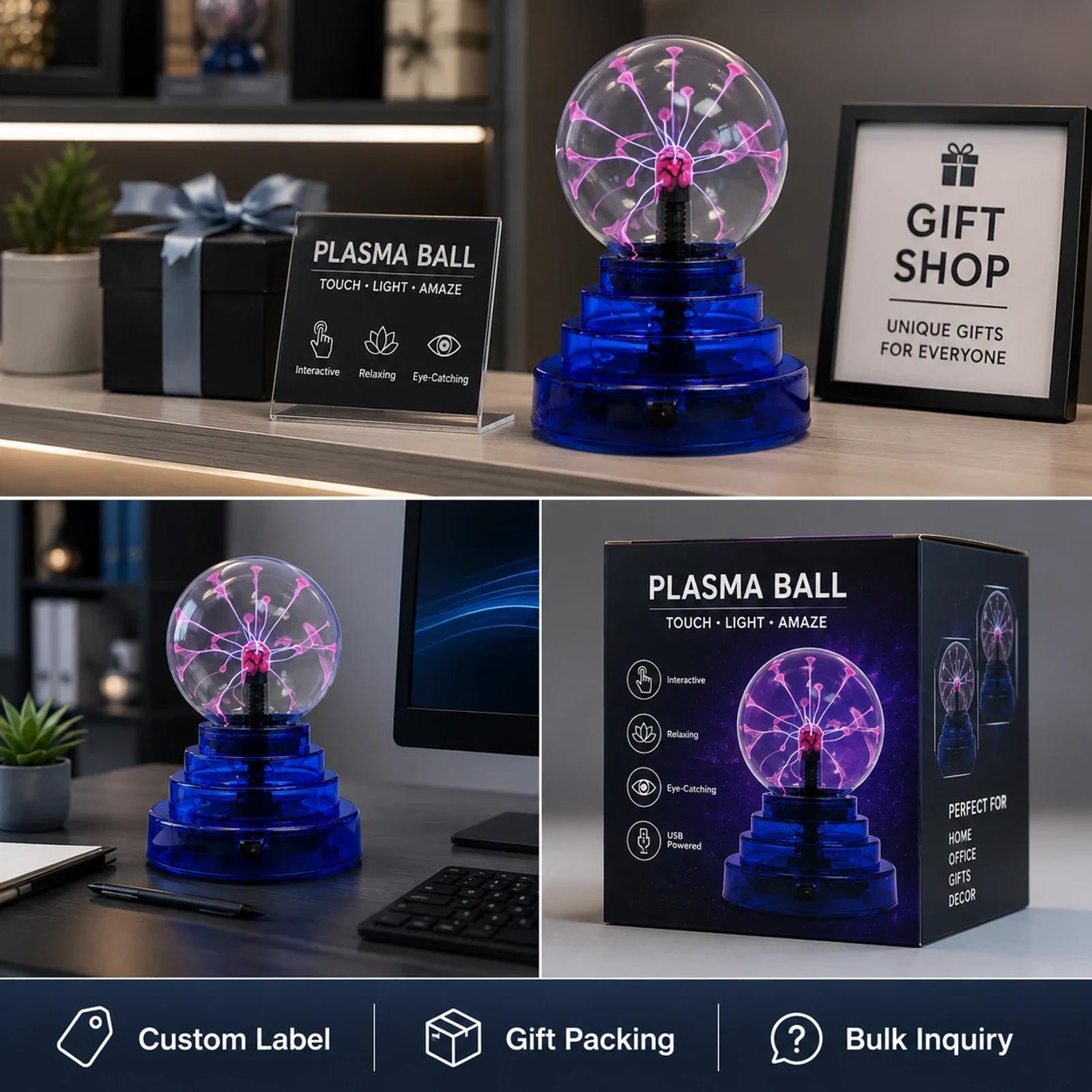 MX-7011 plasma ball light packaging and supply detail image for wholesale gift and retail buyers.