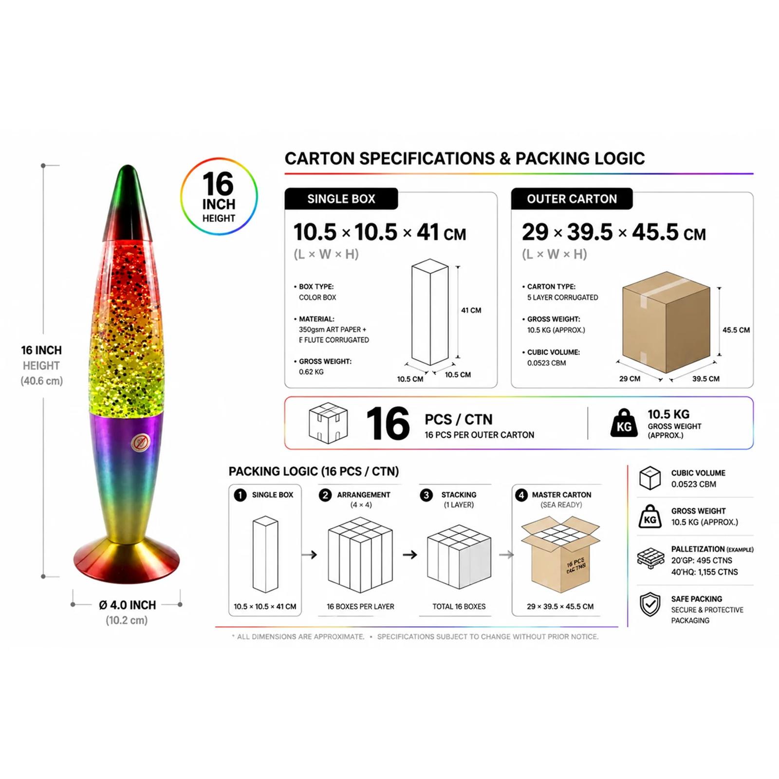 MX-3016R glitter lamp packing and carton information image for wholesale purchasing and shipment planning