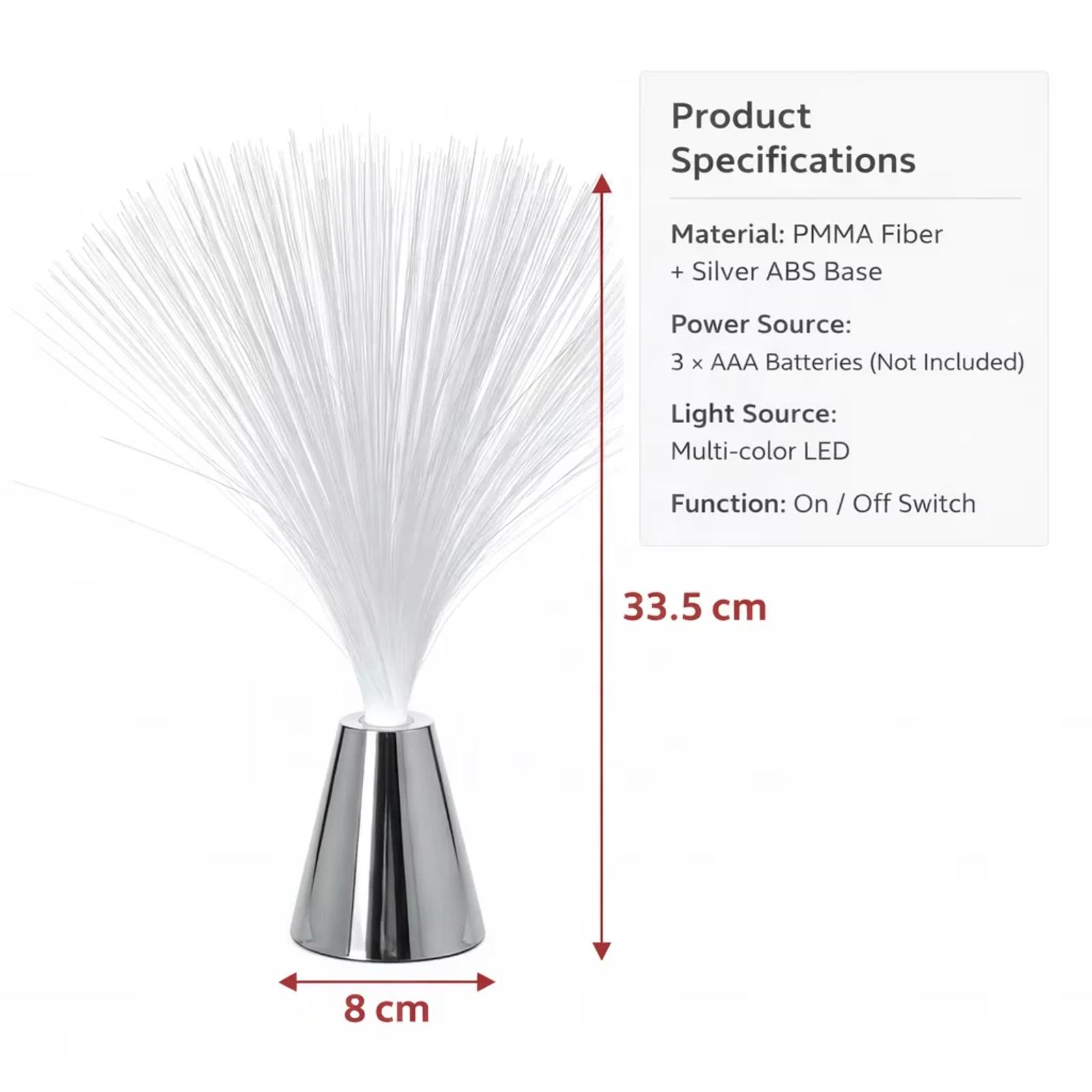 MX-1011 fiber optic lamp size diagram showing 8 cm base diameter and 33.5 cm height