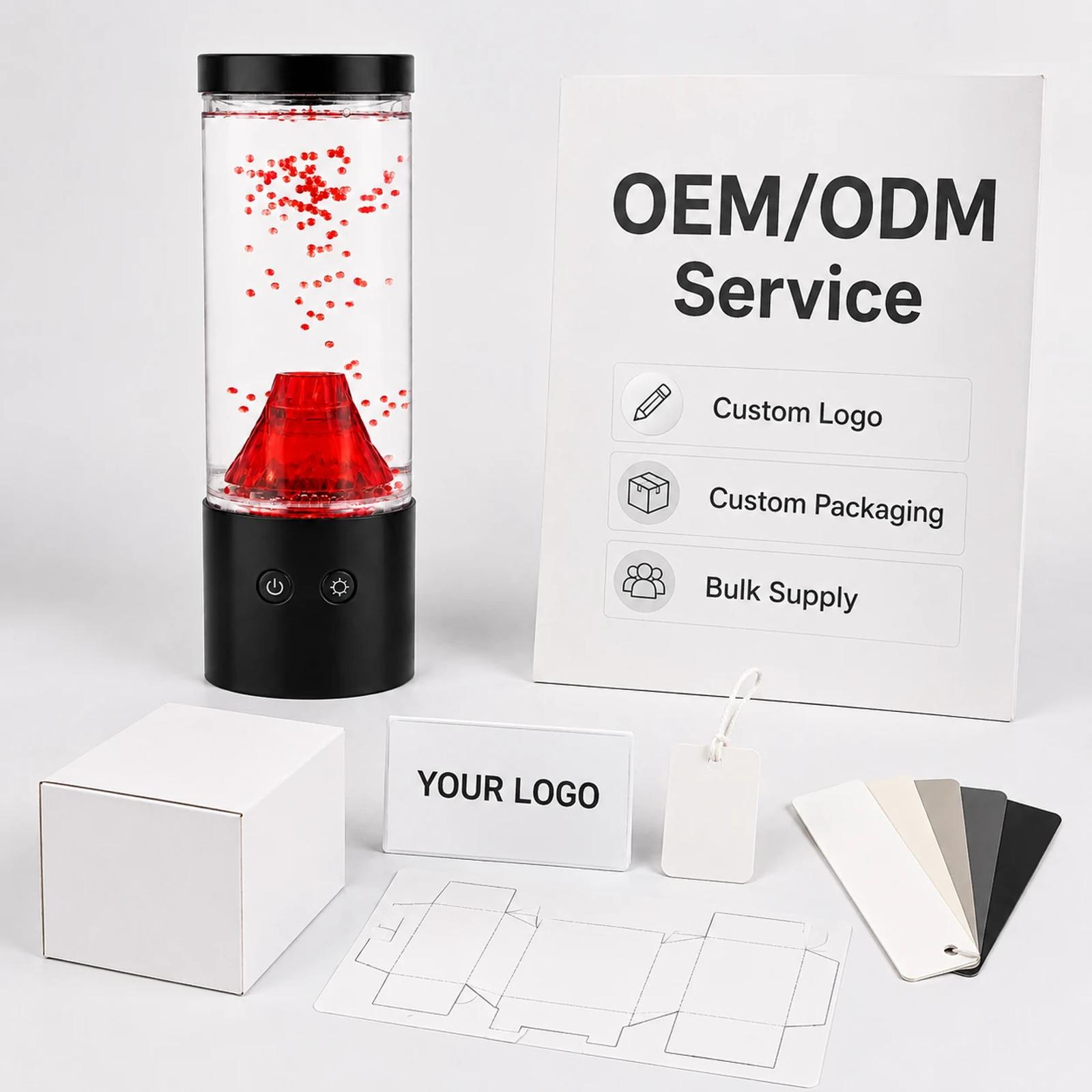 MX-5015V volcano night light displayed with blank packaging mockups, YOUR LOGO card, and OEM ODM supplier service board.