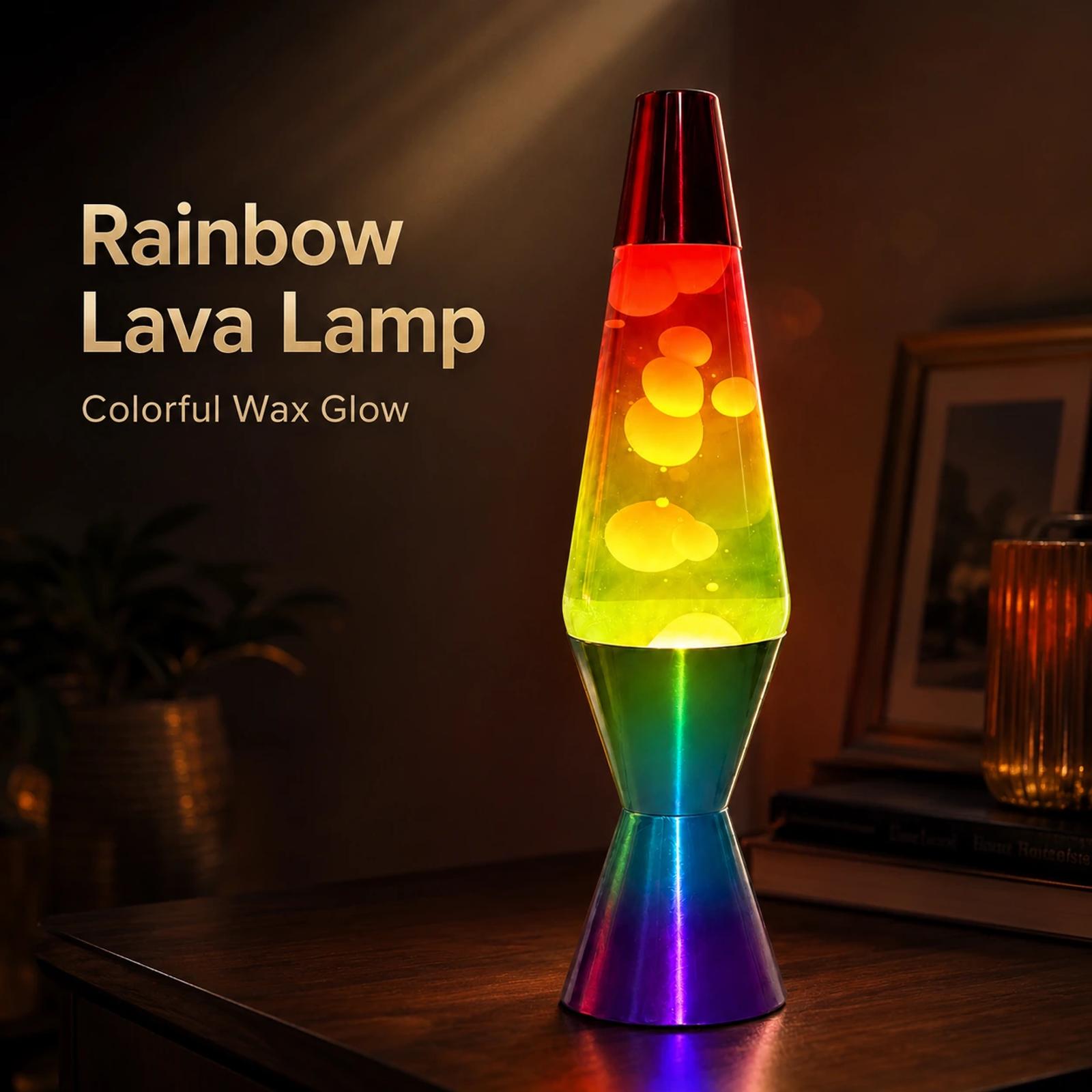 MX-3027R rainbow lava lamp glowing on a dark tabletop with colorful wax glow and product title text