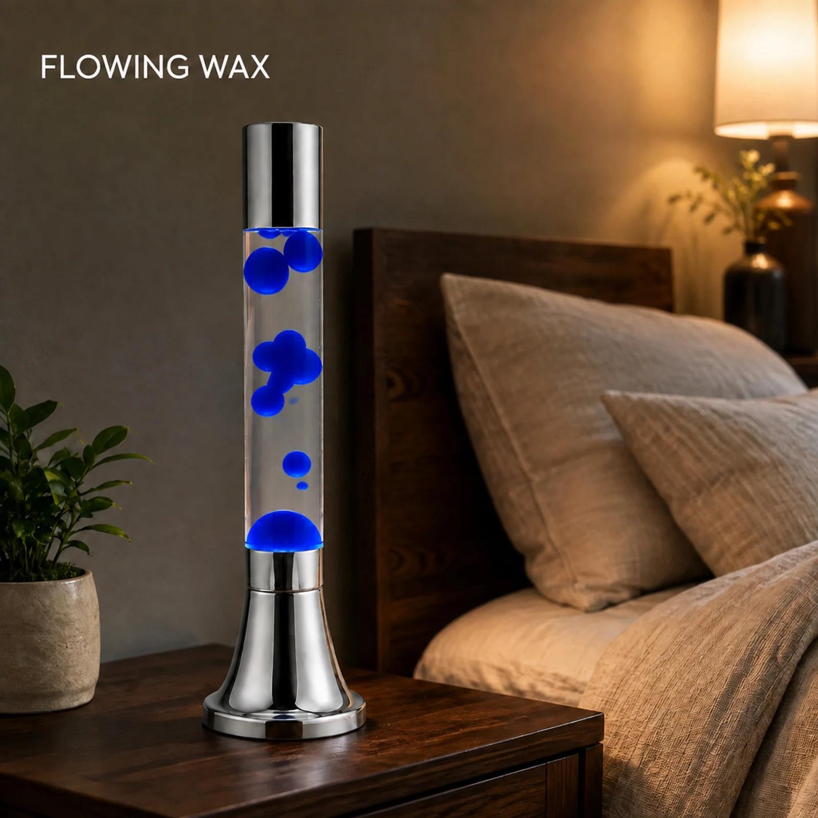 55 cm electroplated tabletop lava lamp showing blue flowing wax in a bedroom scene