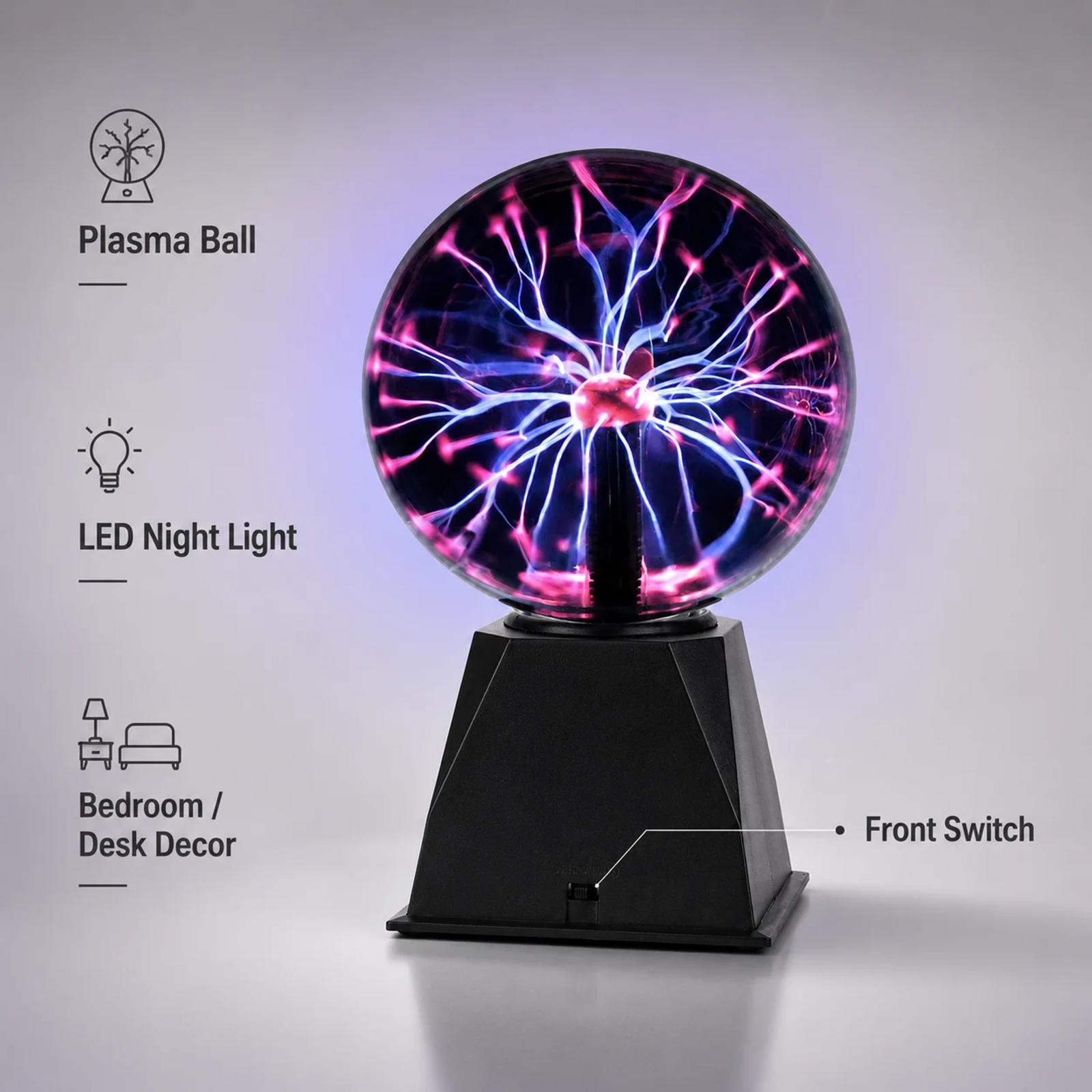 Function overview image for MX-7012 plasma ball LED night light showing plasma ball effect, LED night light use, front switch and bedroom or desk decor application.