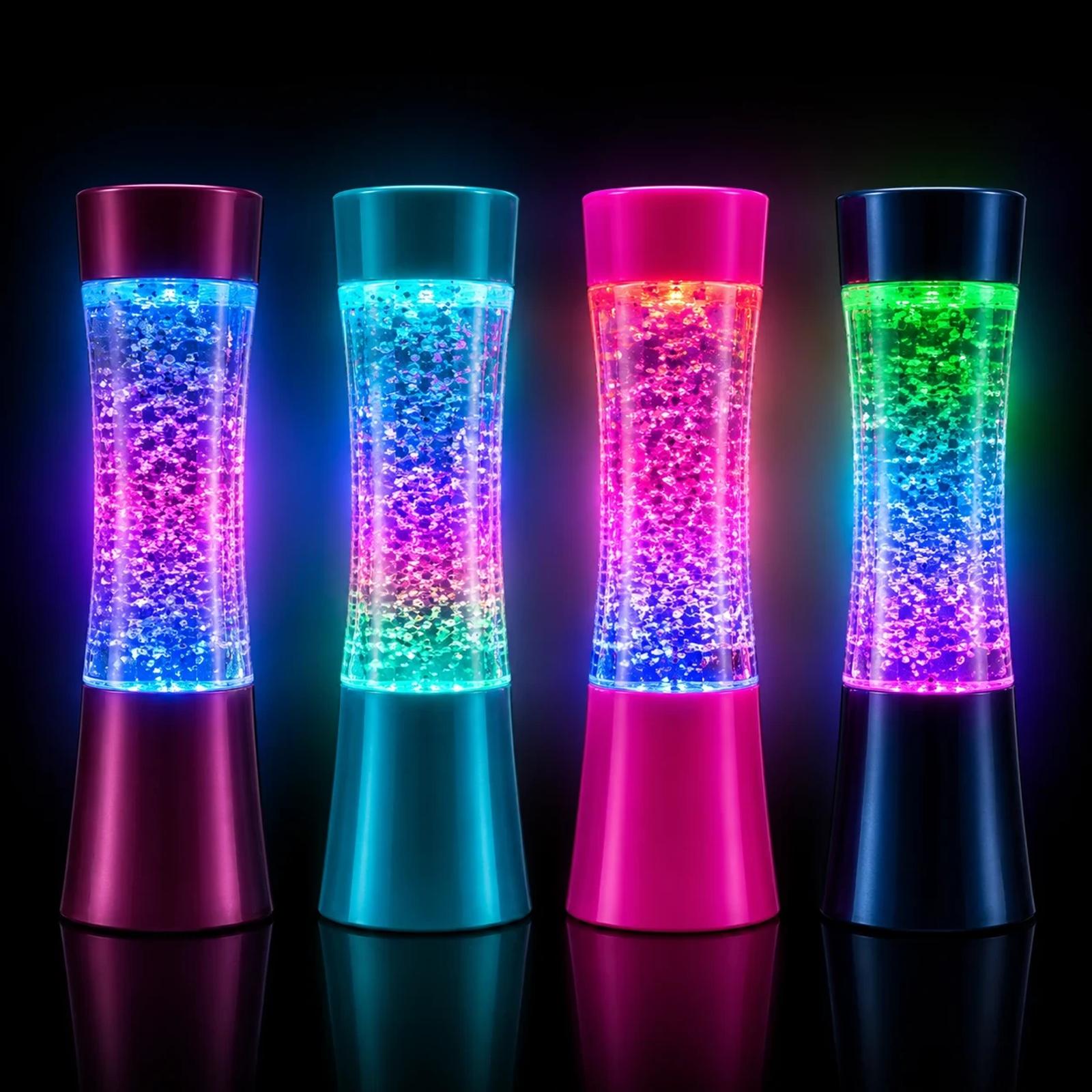 MX-2014 mini shake and shine glitter night light with colorful LED glow in a dark product display.