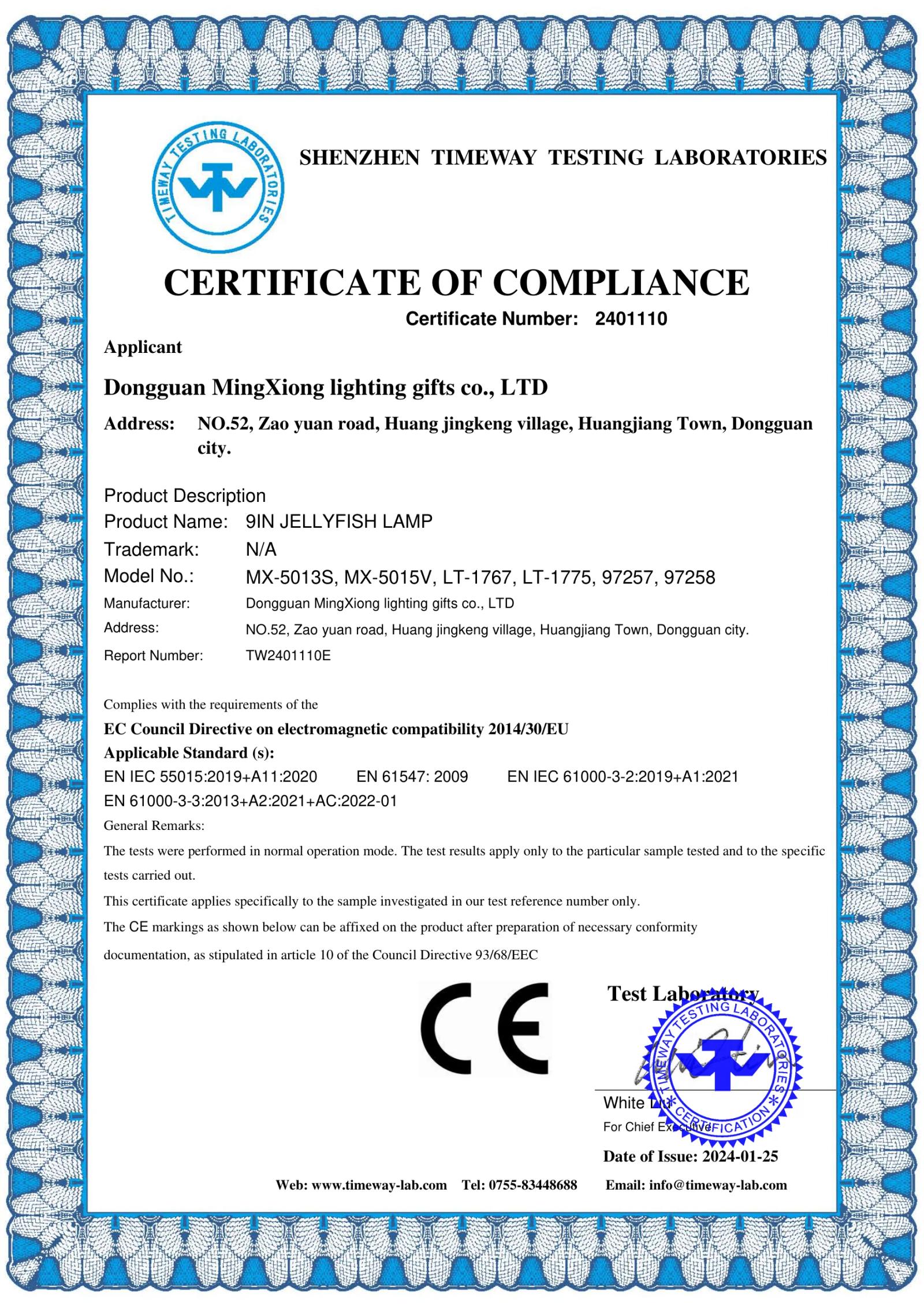 MX-97258 Jellyfish Lamp CE EMC certificate preview