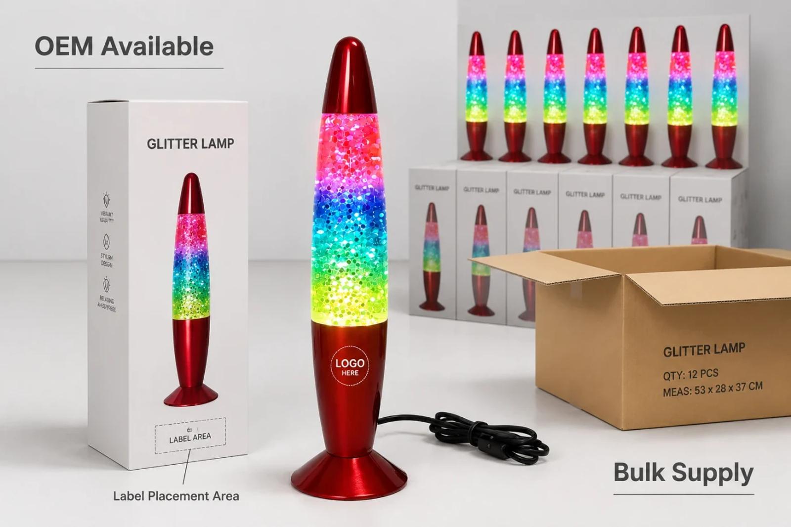 Wholesale supply image for MX-3013C glitter lamp with color box packaging, label placement, and bulk cartons