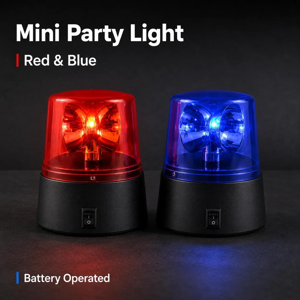 MX-6016-2 mini LED party beacon lights with red and blue covers lit on a tabletop