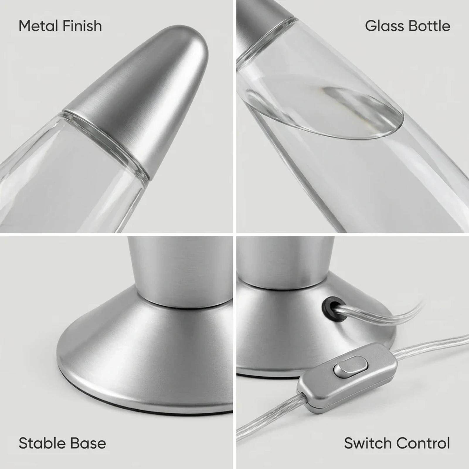 Structure detail of MX-3011 lava lamp showing decorative wax flow bottle, cap, base, and lighted display