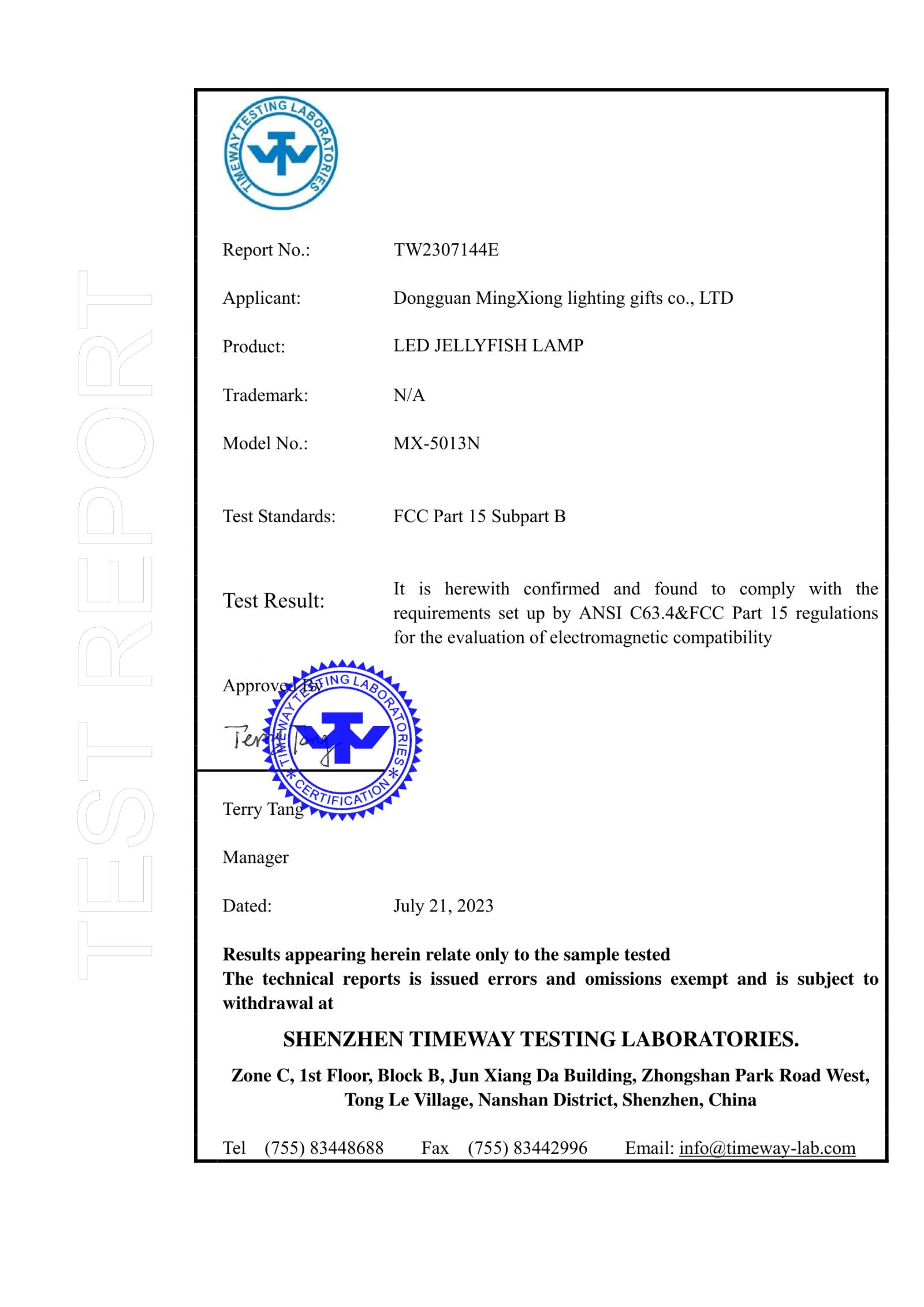 MX-5013N Jellyfish Lamp FCC certificate preview