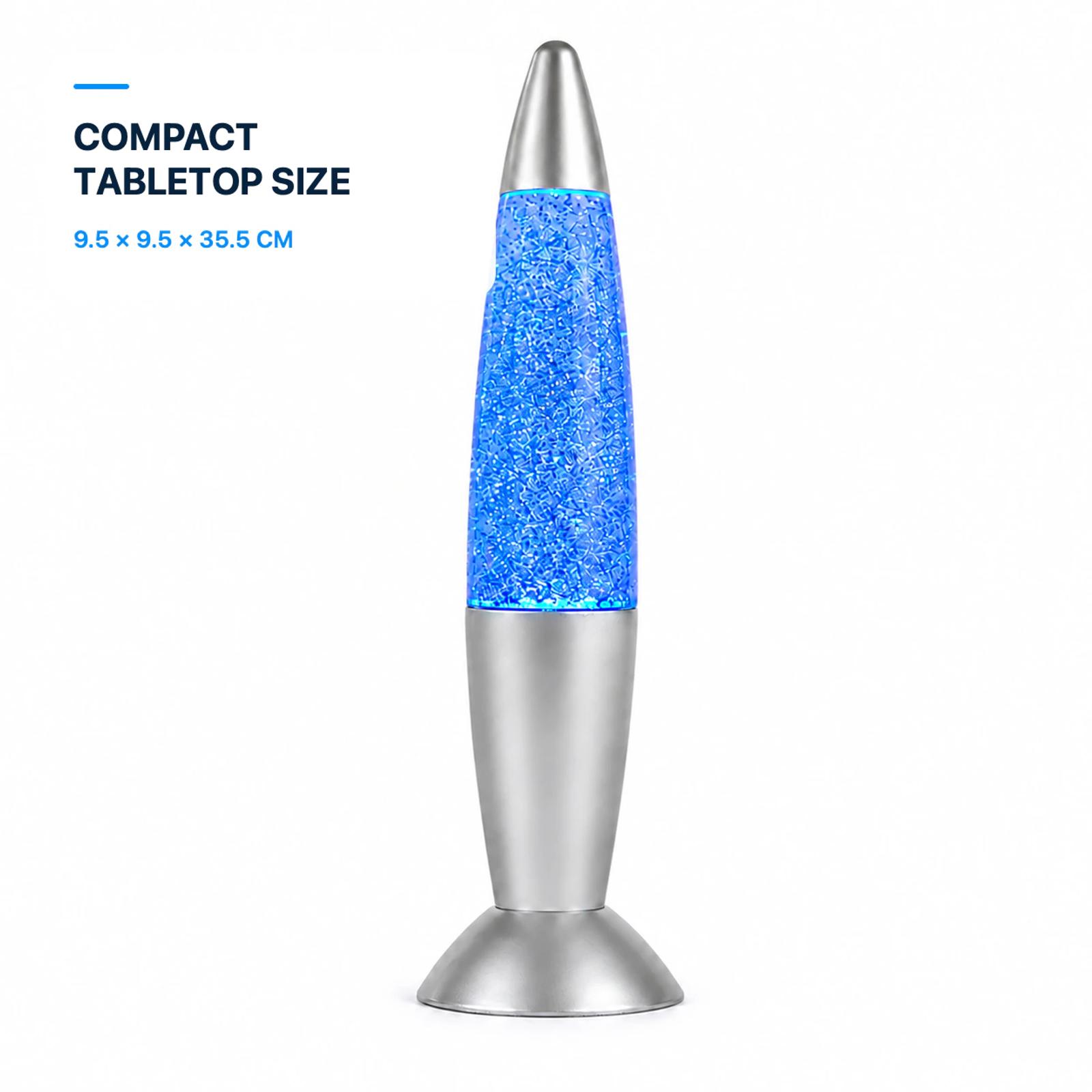 MX-3107 LED glitter lamp size guide showing 9.5 x 9.5 x 35.5 cm