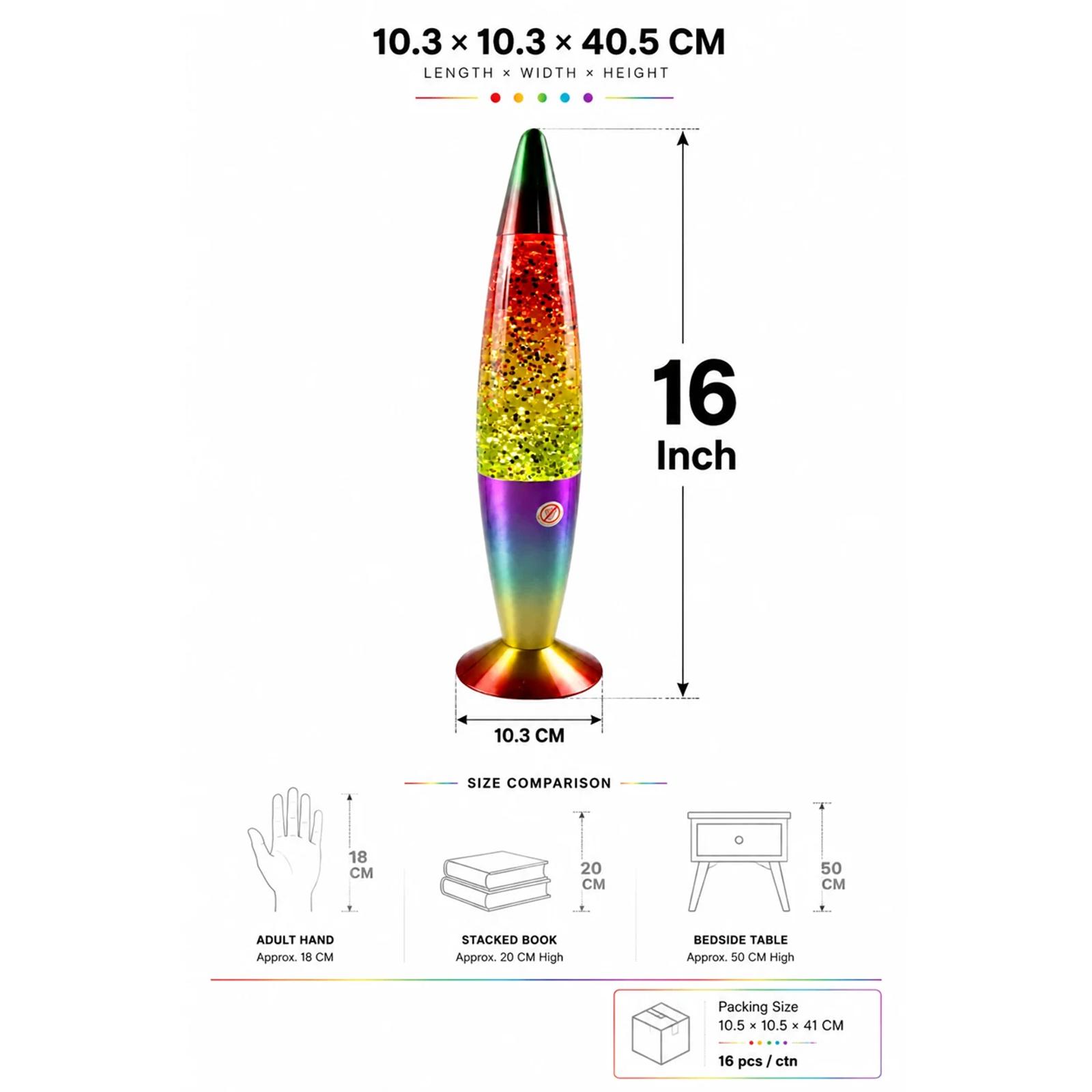 Specification image for MX-3016R 16 inch glitter night light showing product size and basic dimensions