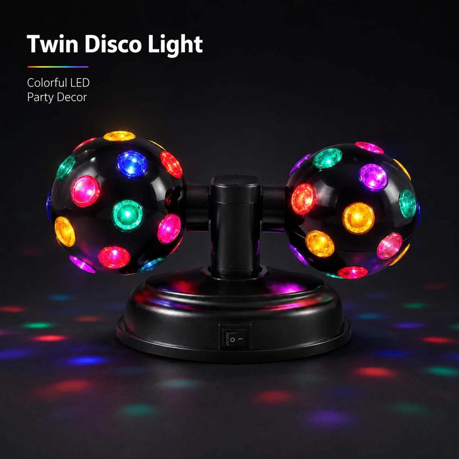MX-6021 4 inch twin disco ball party light showing colorful LED light effect for event decoration