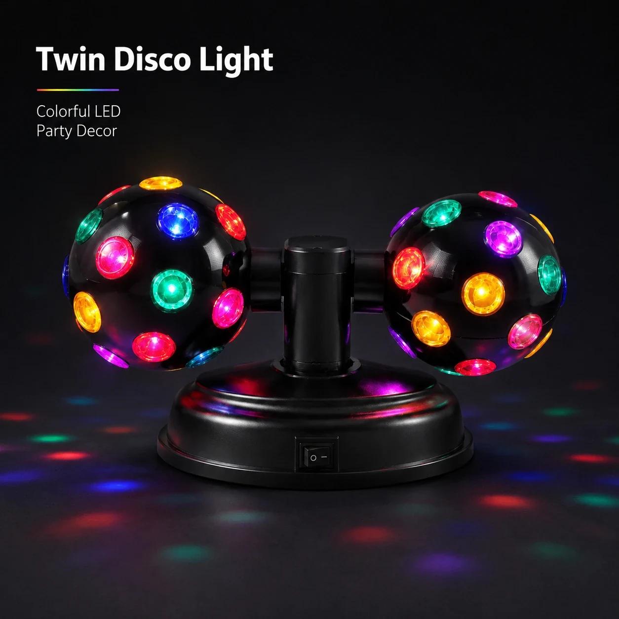 MX-6021 4 inch twin disco ball party light showing colorful LED light effect for event decoration