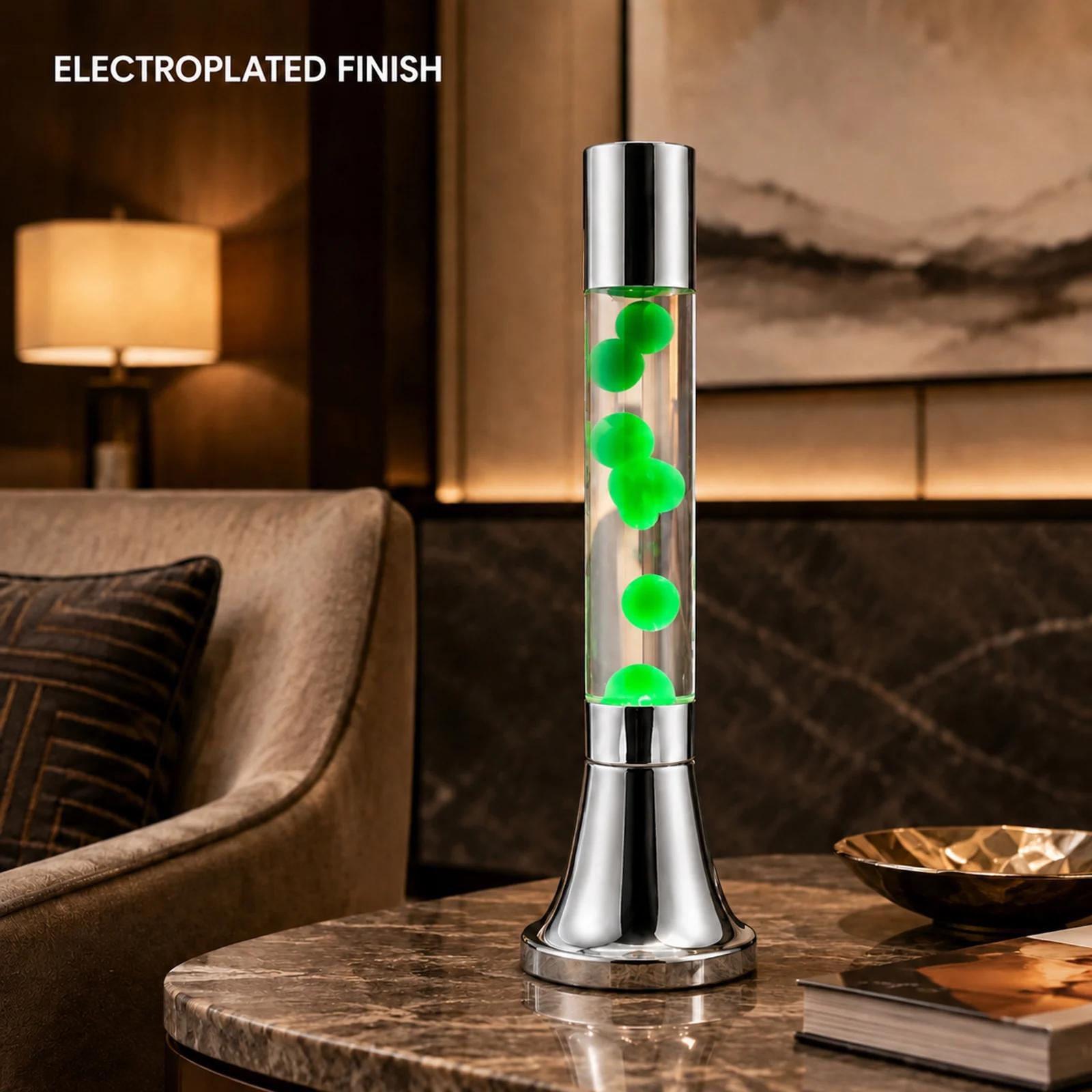 55 cm lava lamp with green wax and mirror-silver electroplated cap and flared base